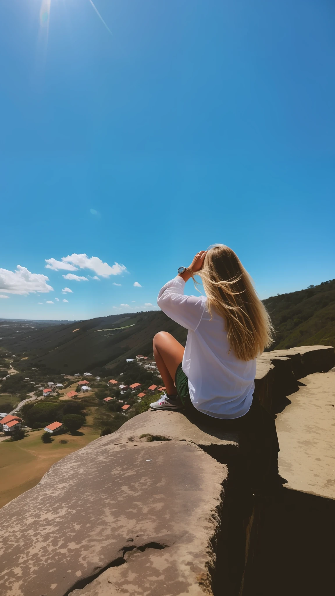 Araffe sentado em uma rocha olhando para a vista de uma cidade, Panoramic view of the girl, olhando para longe, staring into the distance, Olhando para as montanhas, Olhando para a cidade, Olhando para a cidade, look into the distance, olhando para o horizonte, menina sentada em um telhado, Girl standing on the cliff, Belas vistas, girl standing on mountain