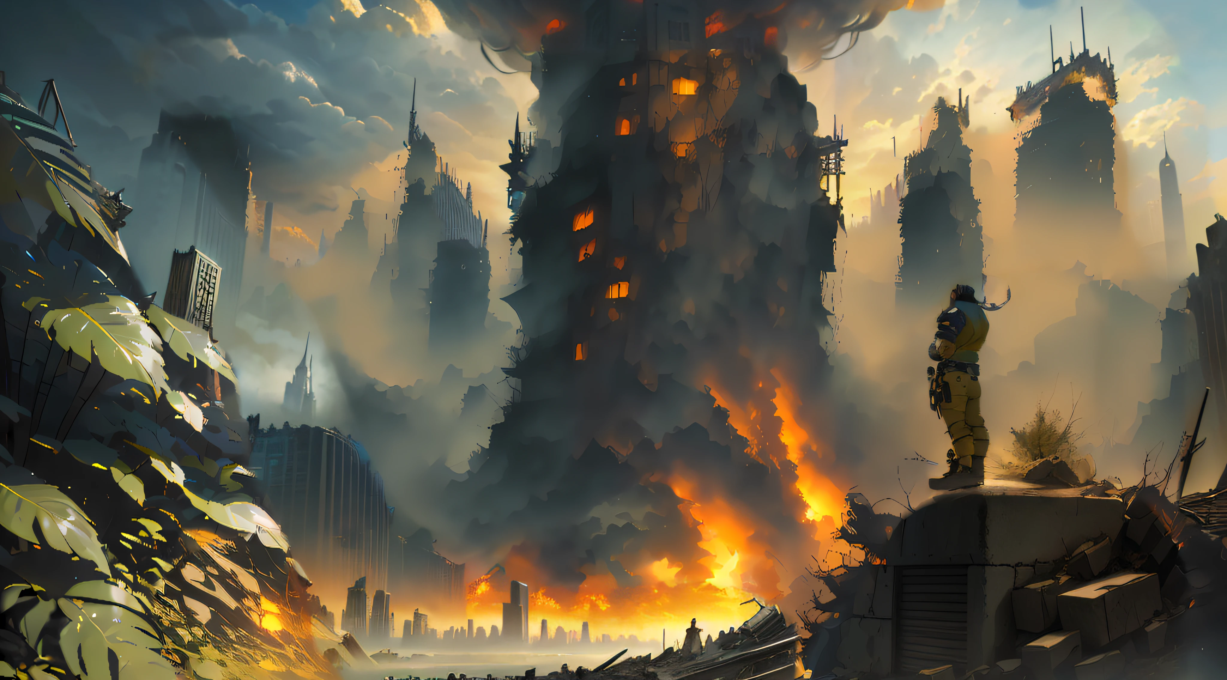 (masterpiece), (absurdres), (best quality), (highly detailed), painting of a man standing on a rock in front of a city, apocalypse art, a city on fire, landscape of apocalypse city, destroyed city, apocalyptic city, digital concept art of dystopian, epic fantasy sci-fi illustration, painterly concept art, apocalyptic scene, apocalyptic art,