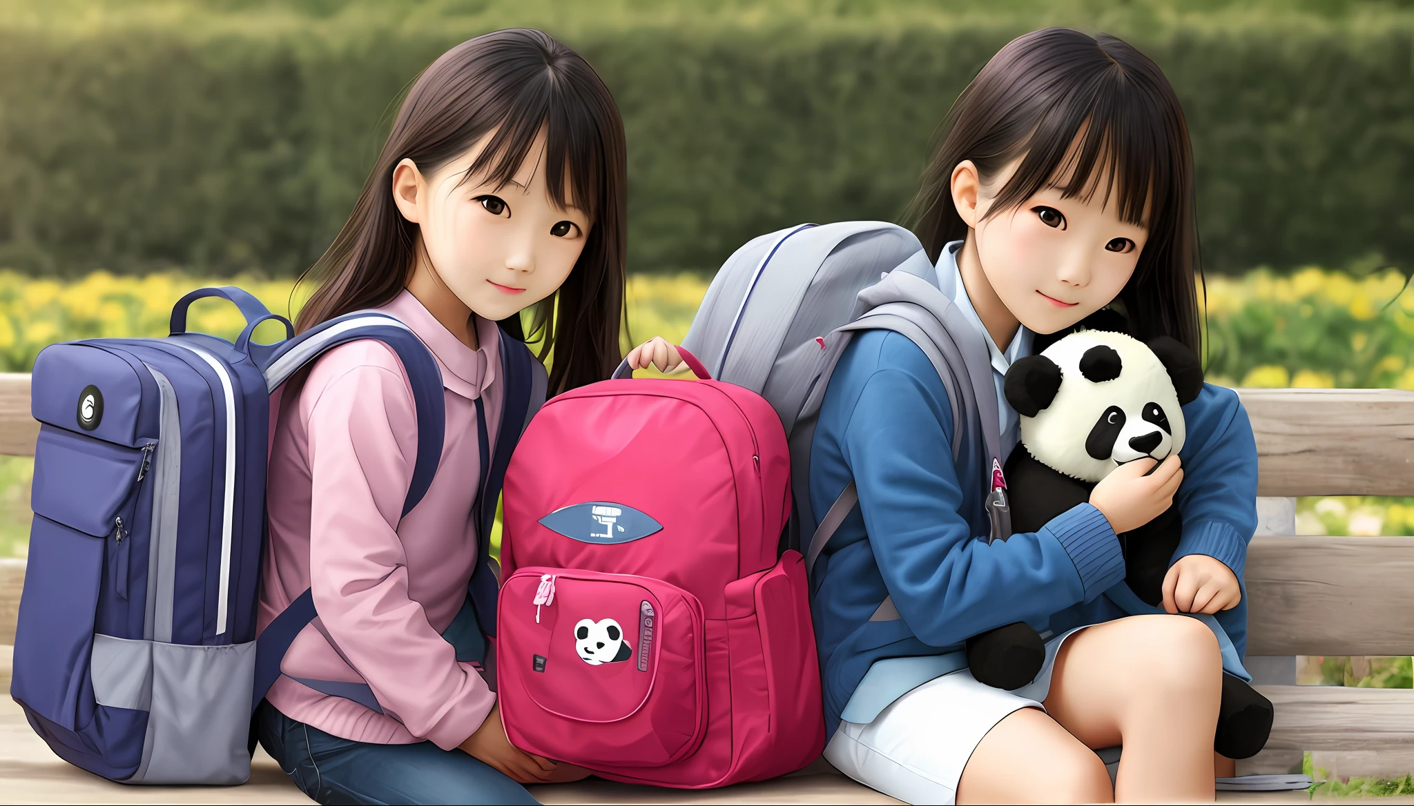 Cute girl with stuffed panda school bag