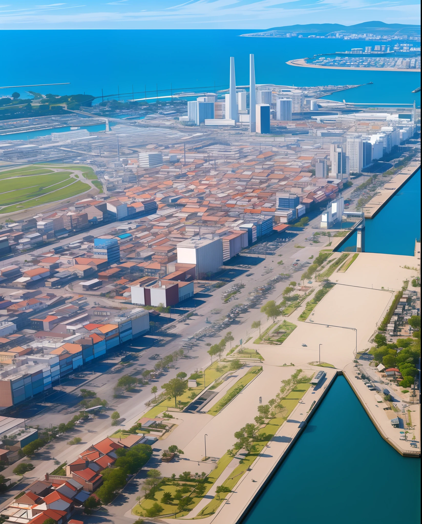 Aerial view of a Great Coastal City, cortada por dois rios, with large sky scratches in the center, an industrial area, Port area, A historic center with nineteenth-century British architecture, Dense urbanization, colinas verdejantes e com floresta