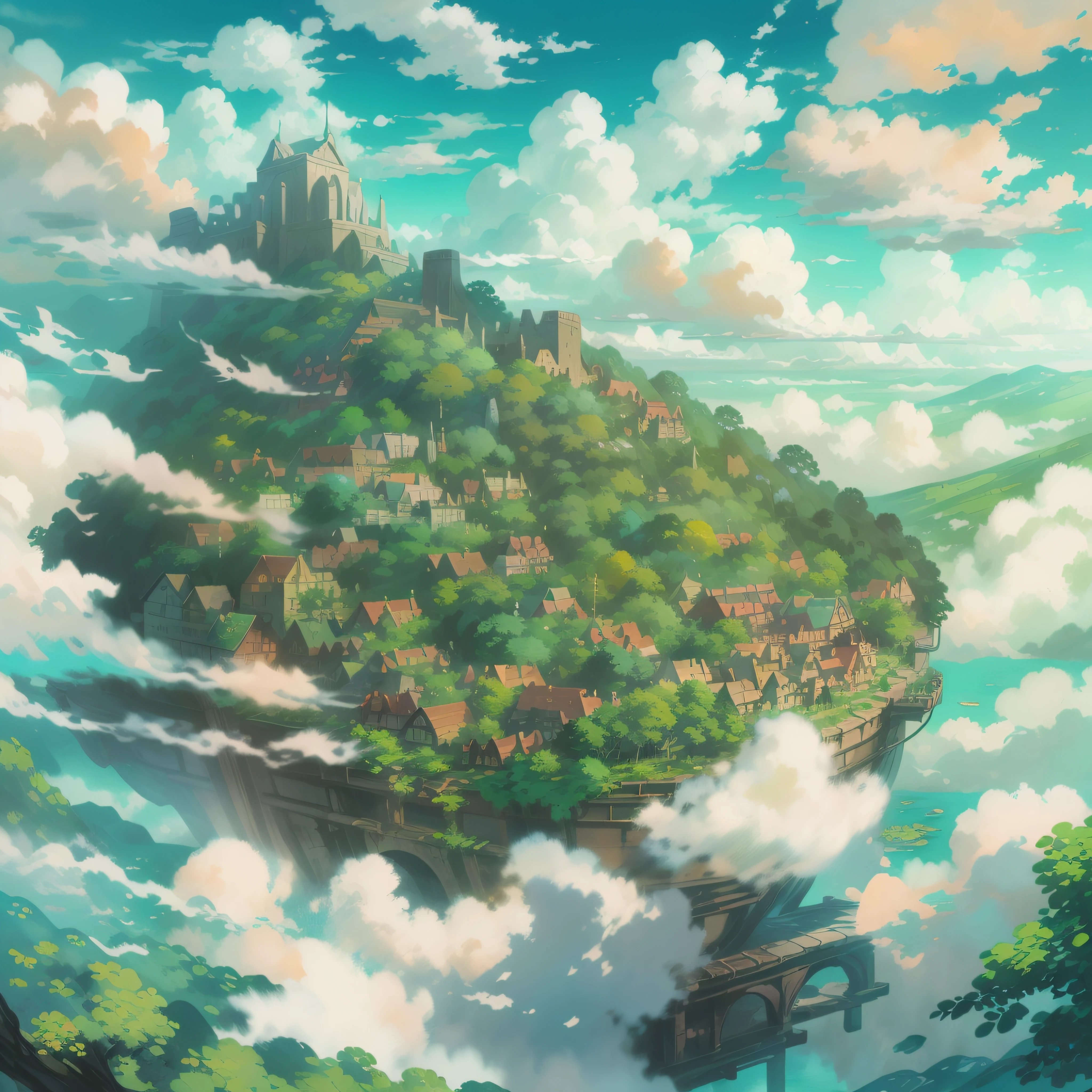 animesque、Skyscape with clouds、Landscape without buildings、You can see the touch of the brush、Studio Ghibli、Ghibli、a sultry、Scenery、Style、sky line