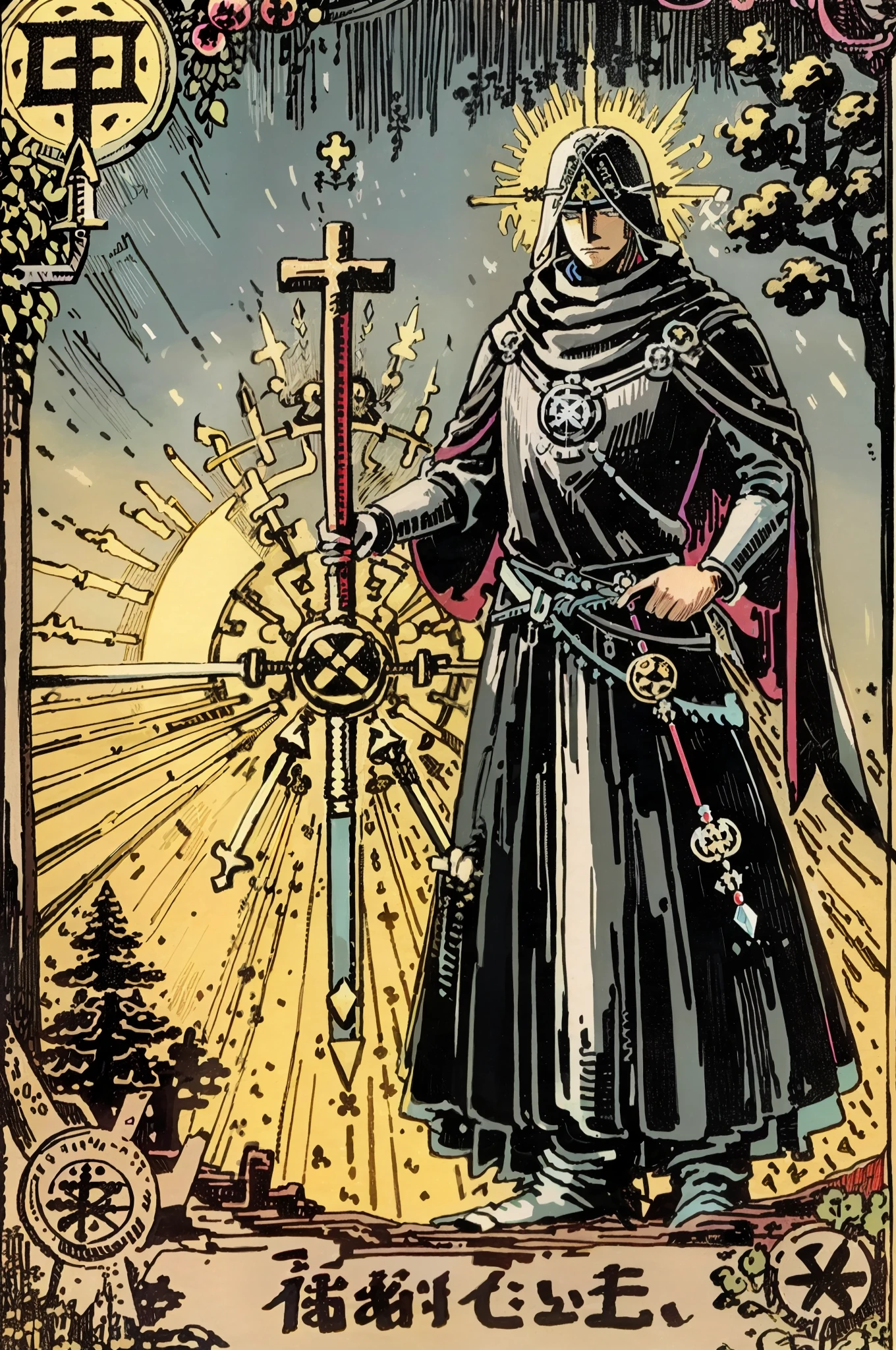 tarot card, the Sage, man (Warrior, sign of Libra), bindle, stick with balance of wisdom and evil, forest, Dark, terror, black sun, dark forest, skulls, magic, divine jewels and props, dynamic action poses, divine armor