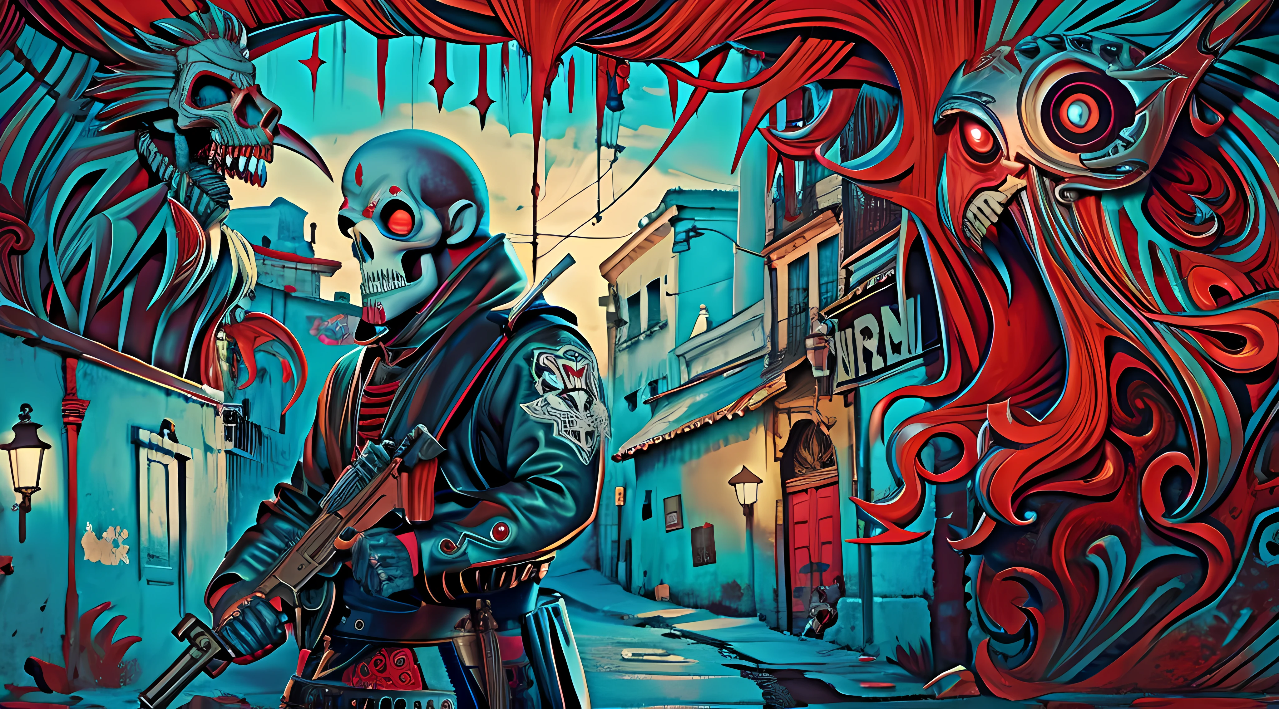 ACAB album cover, con un hombre con cara de calavera y cresta de gallo color roja,Moonlight holding an art-style engraving gun, Monocromo, cold colors. artistic style of engraving, cold colors. Arte lineal, Monocromo, temor, Gothic, horror, surrealista, terror, miedo, Dispair, Monstruoso humanoide, fantasy, dreamlike, dramatic