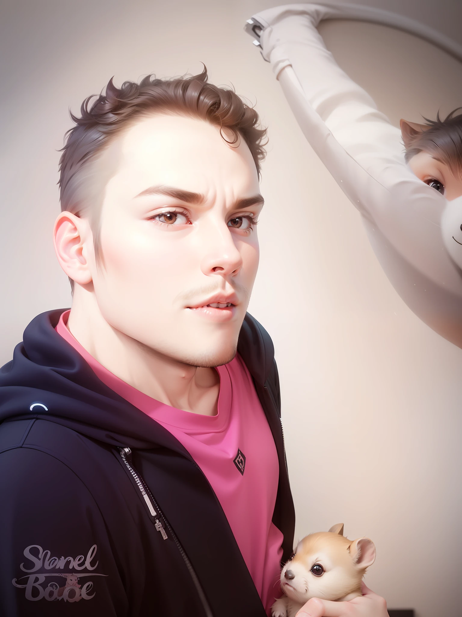 : Dark-haired guy, 23 years old, short dark brown afro hair, slanted eyes, playing basketball, holding adorable, cute pet baby capybara, chibi art, pixar style art, funko pop style, real hair, 3d art, realistic cinematic lighting, high details, hyperreal photography --v 5.2