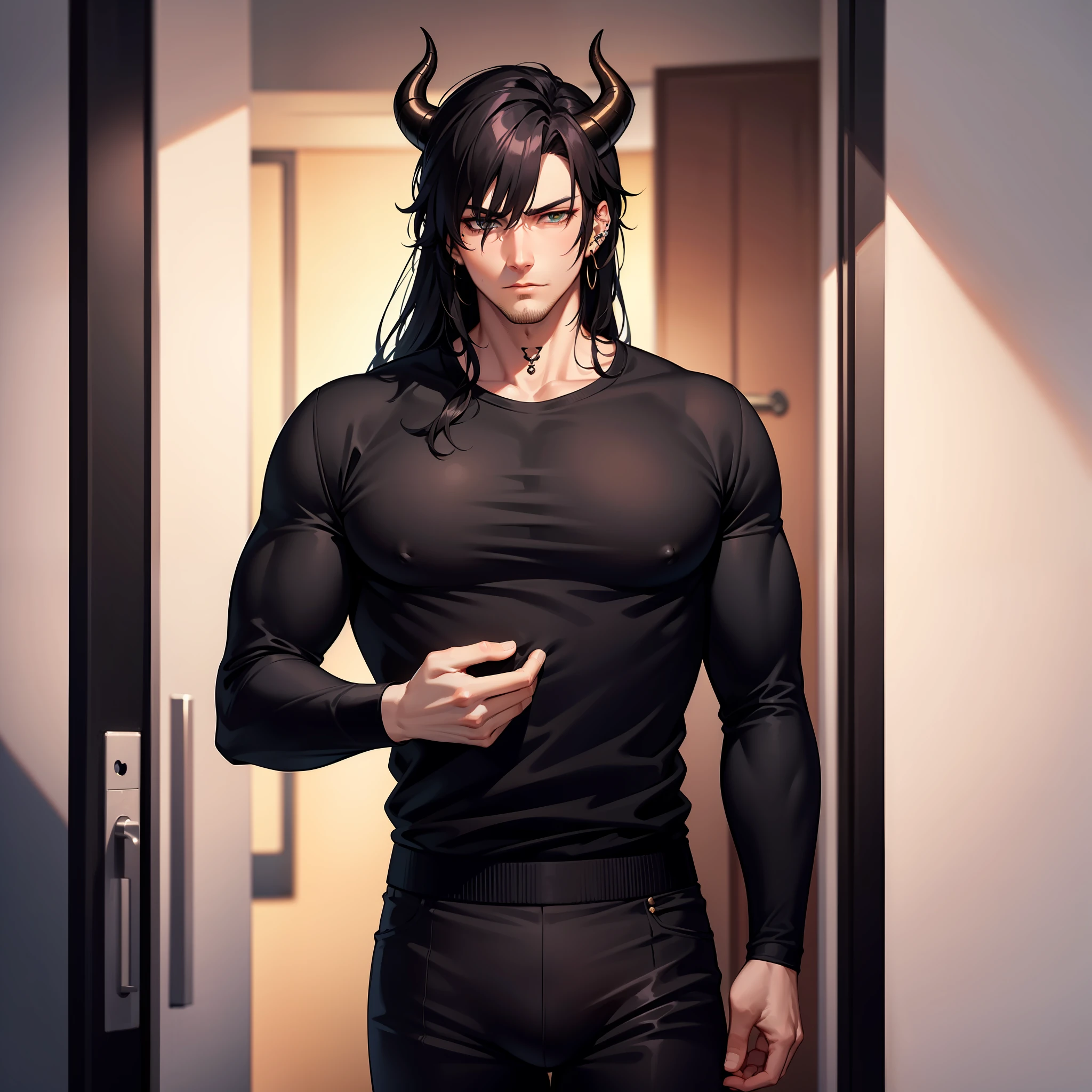 Handsome male, black hair, long hair, emerald eyes, detailed body, detailed hands, black shirt, black pants, standing in the door, nightfall, huge bulge in pants, horns, piercings, long sleeve shirt, manly, arrogant expression, buff man, handsome, roman nose