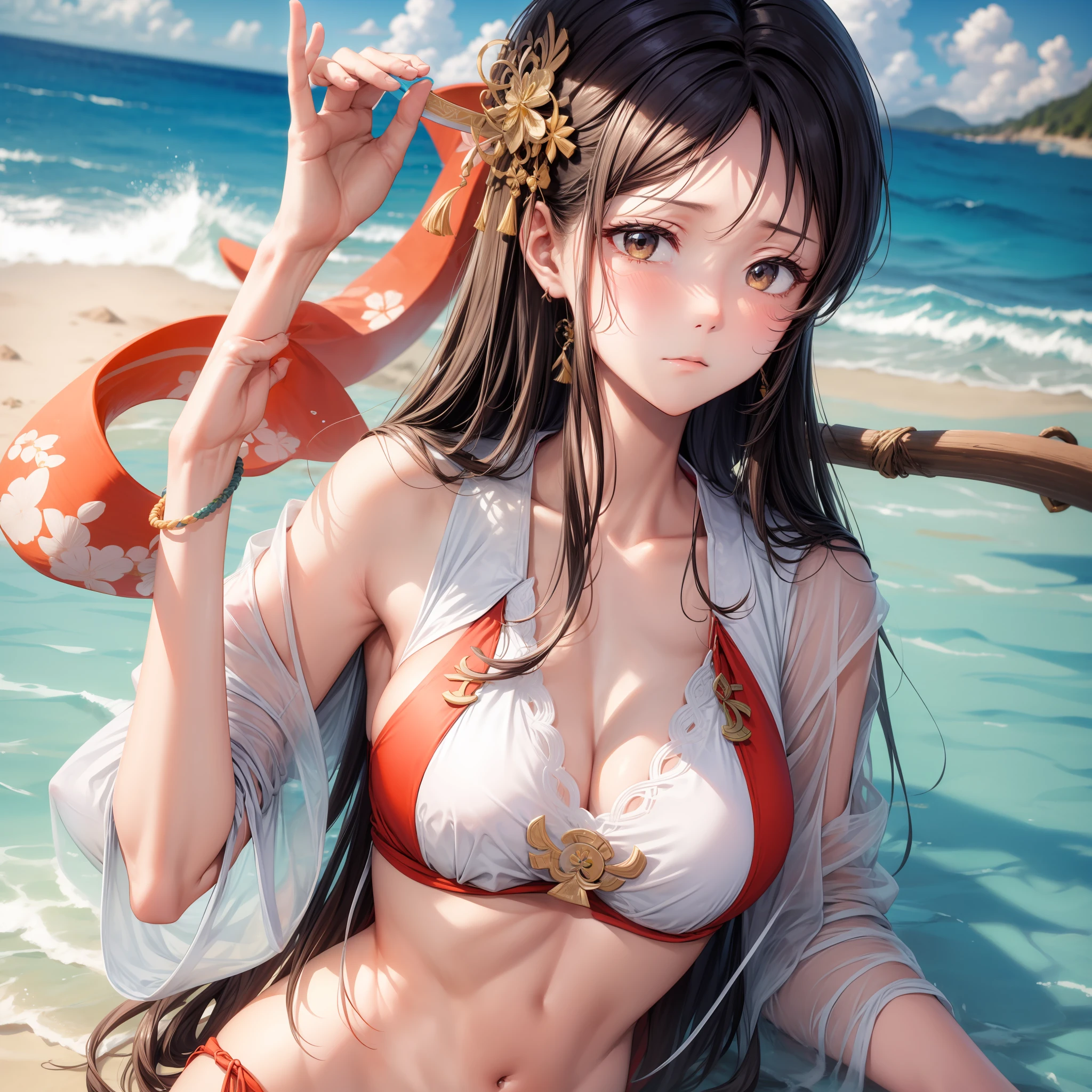 tmasterpiece,HighestQuali,Yae Miko of Genshin,Clear lines,beachside,white backgrounid,,The expression is shy(1.6)。sitted,swim wears,Big breasts