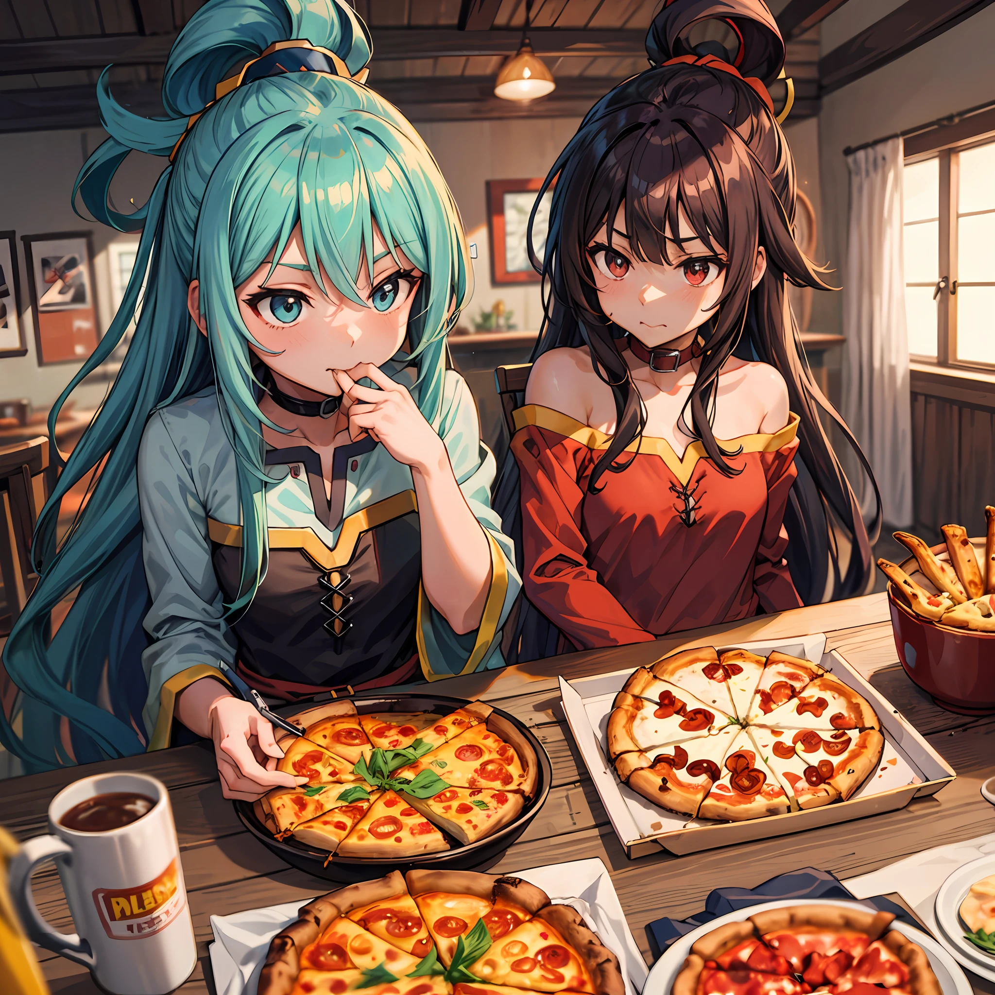 (melhor qualidade: 1.4), anime konosuba, aqua (cabelo longo) e megumin (pequena, cabelo curto) em casa comendo pizza juntas