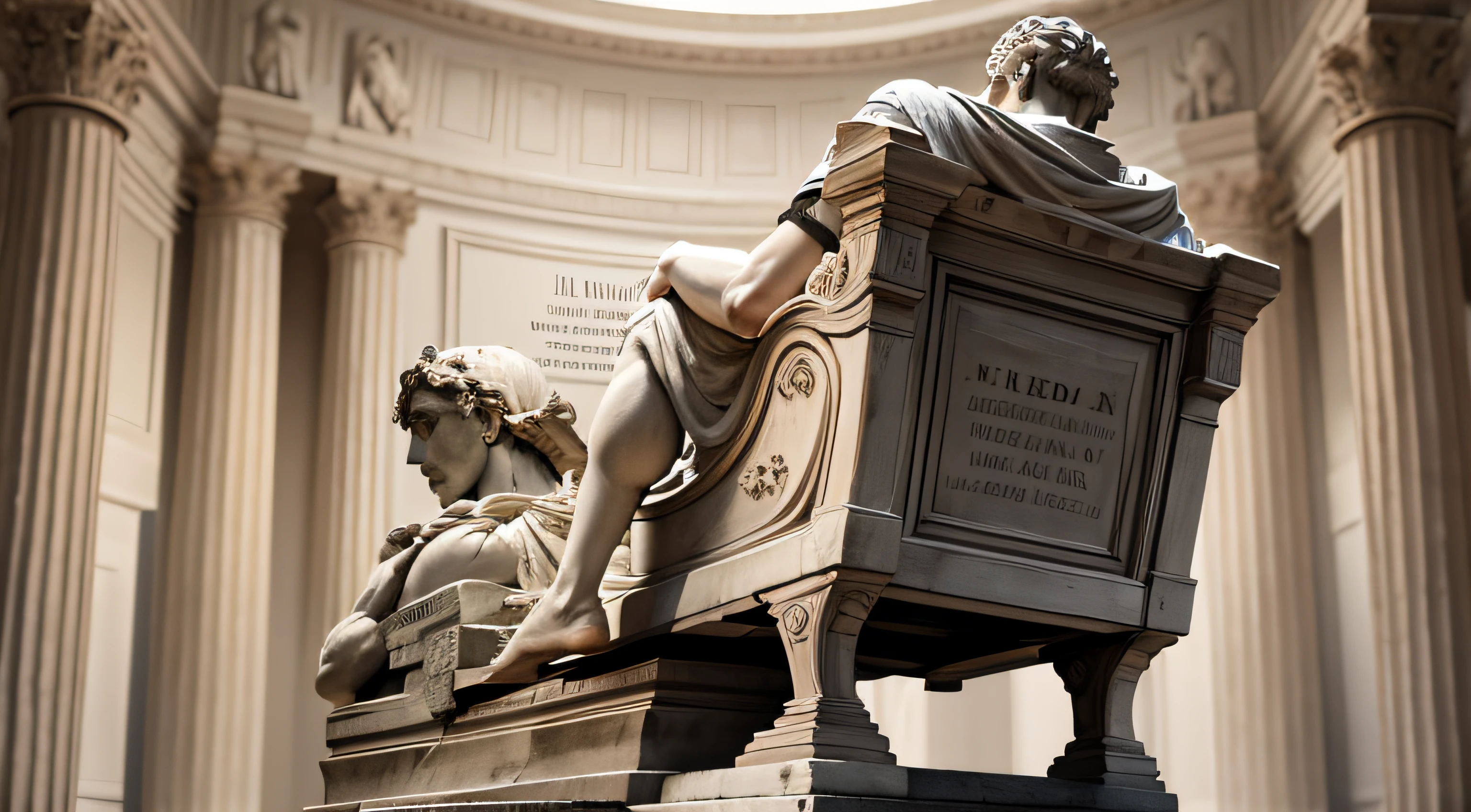 High Level thinker on the right side of the image in the form of a greek statue, On the left side it shows a quote saying "Veni,Vidi,Vici" attributing it to Julius caeser with a text under that showing his name and in the background barely visible showing a crushed technological version of Ancient Rome.