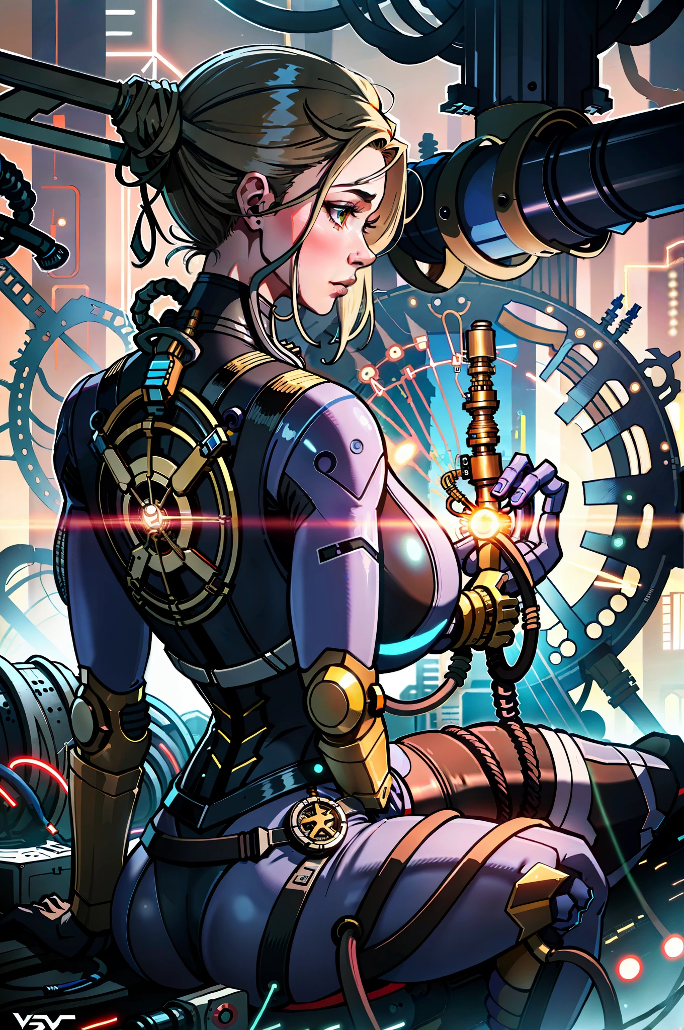 (absurdres, highres, ultra detailed), (a cyberpunk gunsmith in her workshop), huge breasts, strong, a little dirty, solo, mature, cinematic light,(machine made joints:1.2),((machanical limbs)),(vessels connected to tubes),(mechanical vertebra attaching to back),((mechanical cervial attaching to neck)),(sitting),expressionless,(wires and cables attaching to neck:1.2),(wires and cables on head:1.2)(character focus),science fiction