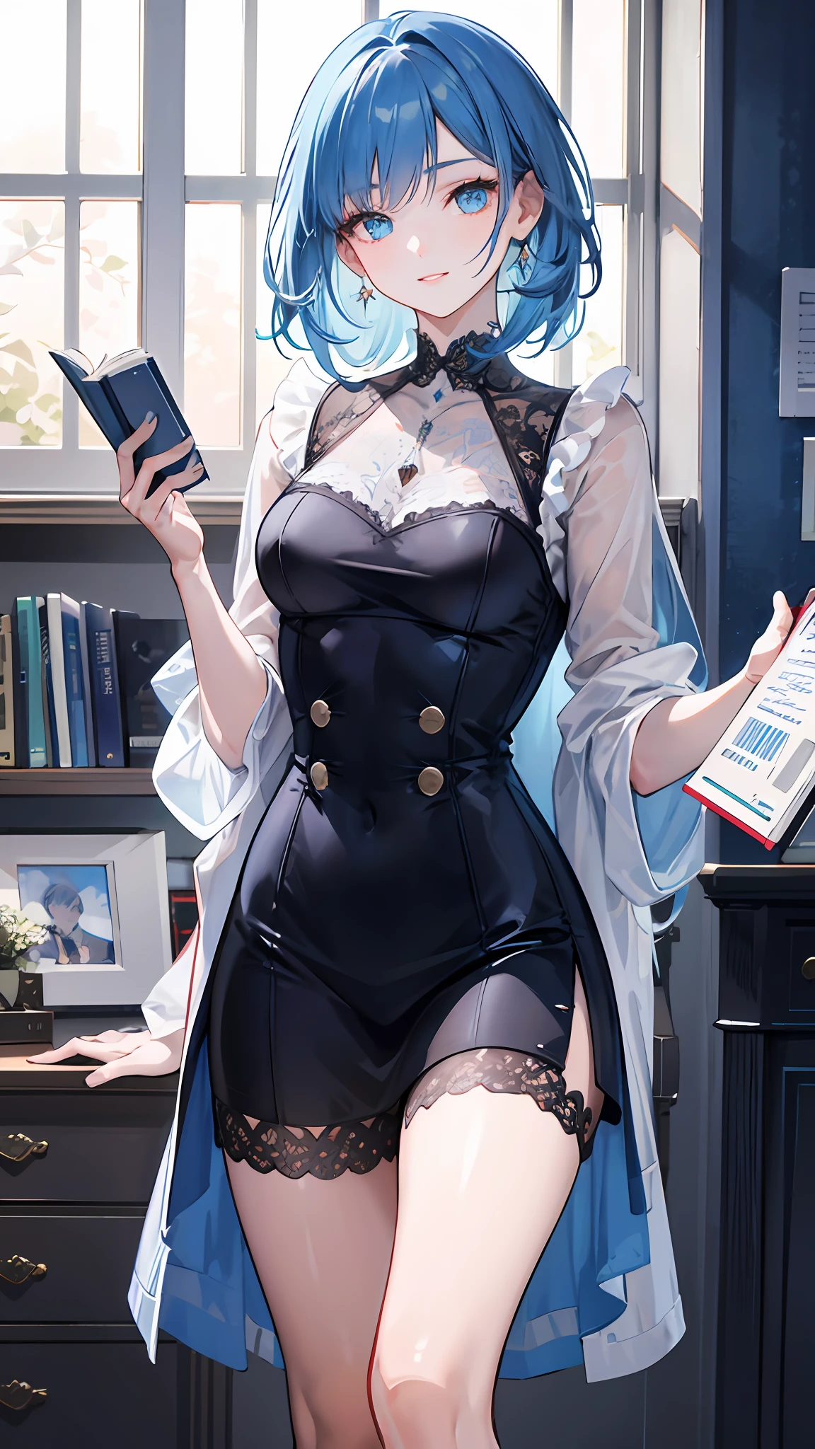24-year-old  female teacher，standing on your feet，long whitr hair，Qi bangs，blue hairs，blue color eyes，Blue lip gloss，ssmile，black lence stockings，Modern attire，Maturet，Hold the book，{{illustration}}，{Extremely refined and beautiful}，{Delicate makeup}，Super meticulous，Delicate glowing eyes，{{cinematric light}}，Extreme light efficiency，model: Realistic cinema, CFG scale: 12,high high quality，A masterpiece，Delicate portrayal of facial features，Delicate hair portrayal，Delicate eye portrayal，tmasterpiece，HighestQuali，Ray traching，Extremely detailed CG unity 8k