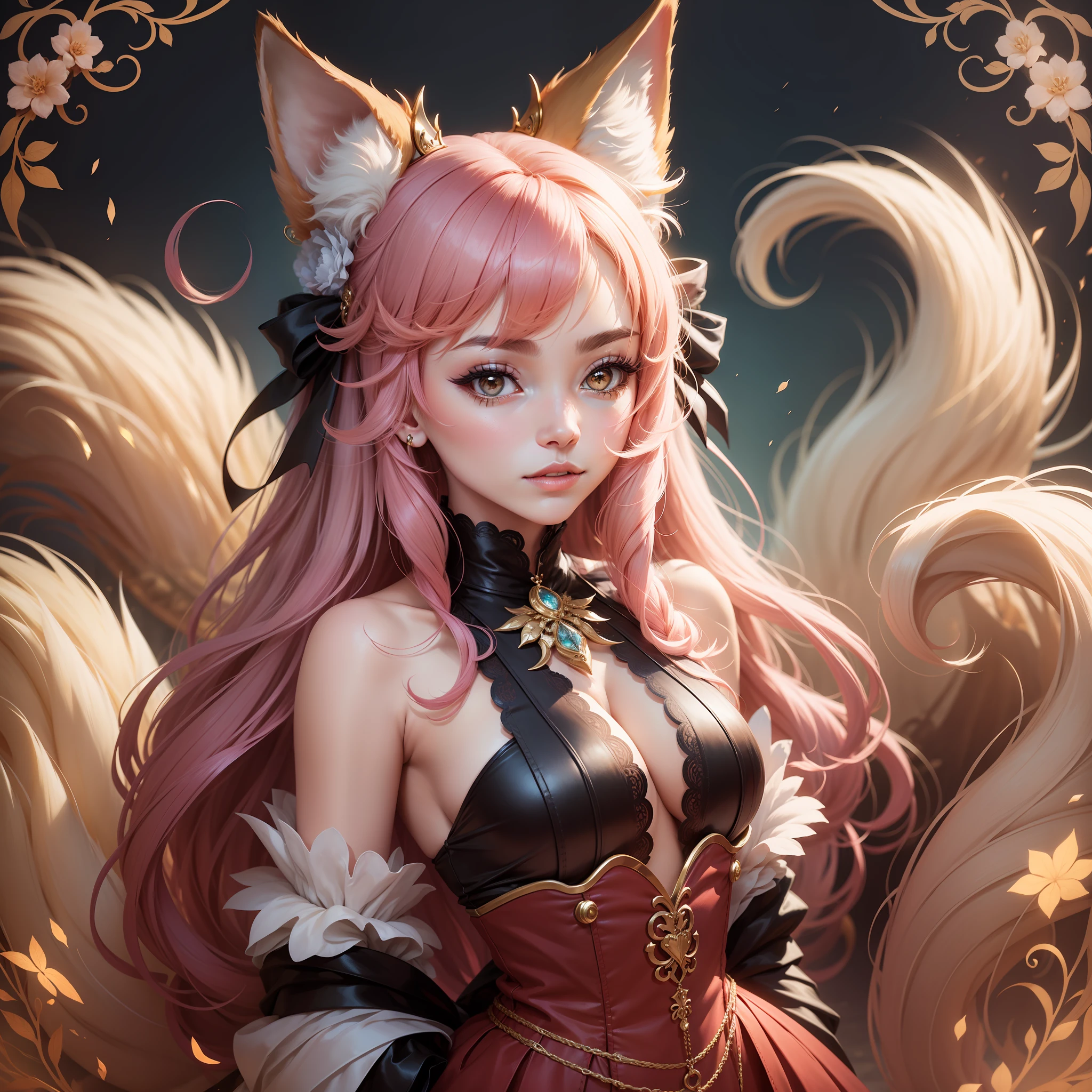A fancy-looking 1girl with long fox ears and a fluffy tail, dressed in a 💍👛👘.