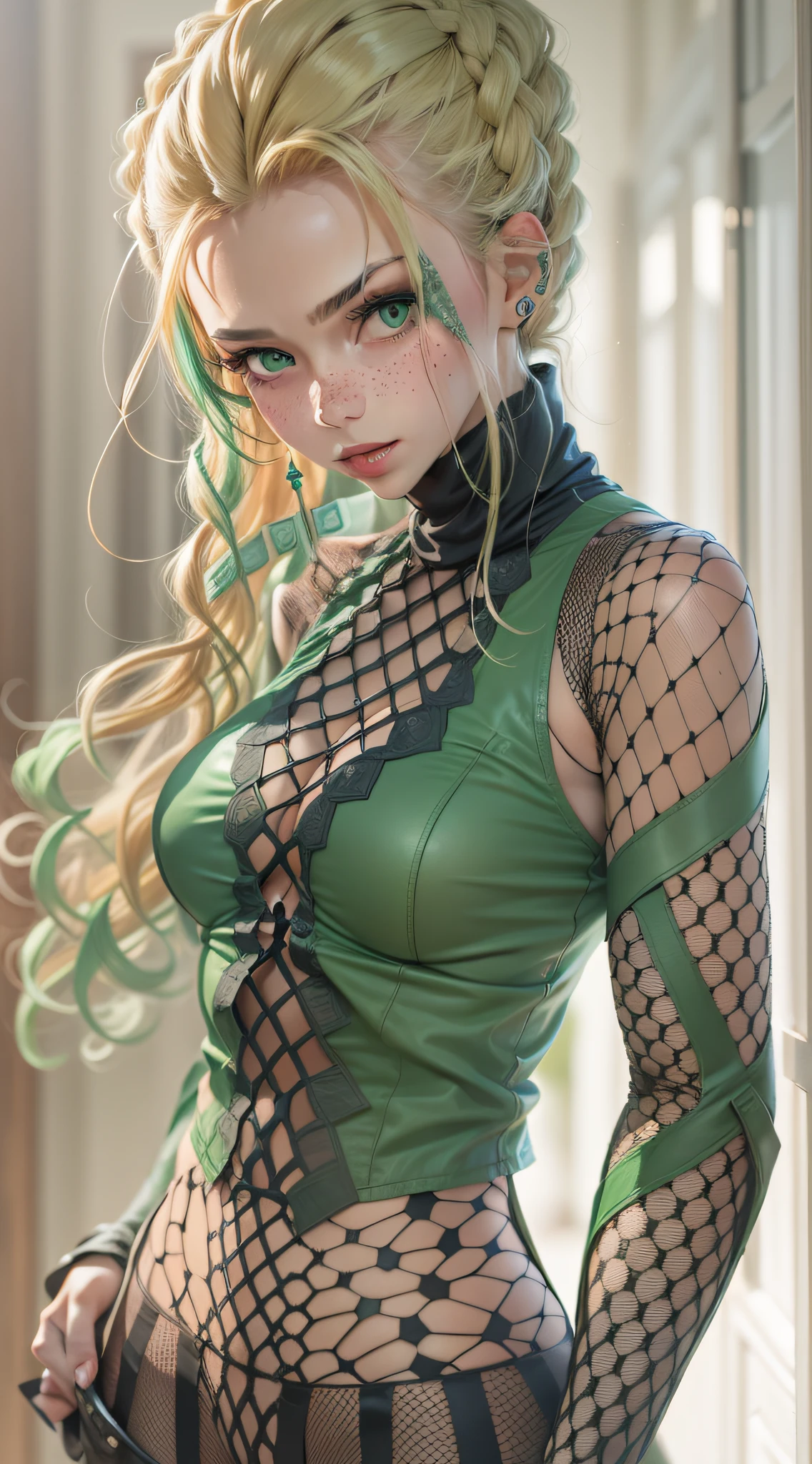 Military, blonde hair blonde woman braids with freckles turquoise green eyes a strangulation and strangler on head tights black fishnet combination, soleil vert, vert