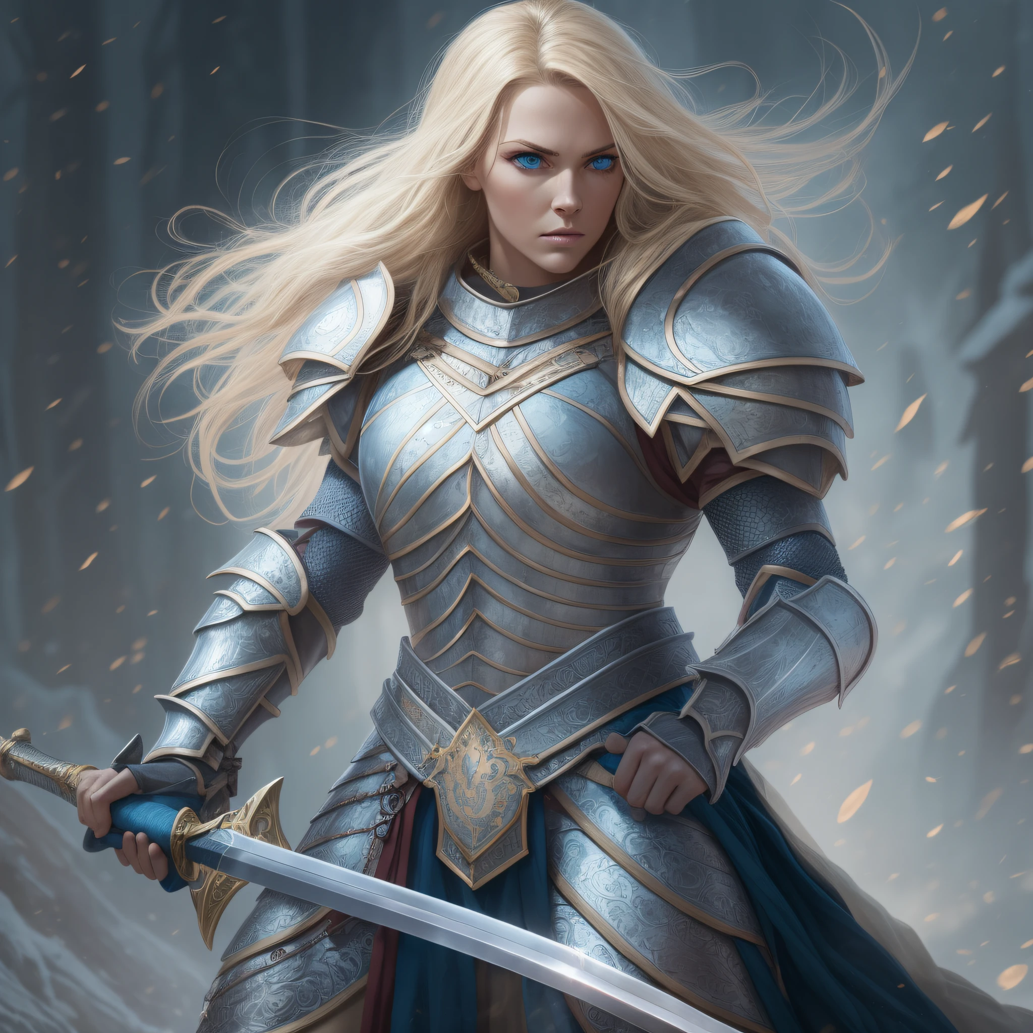 A beautiful blonde woman, fierce blue eyes, wearing a light nordic armor, holding a sword