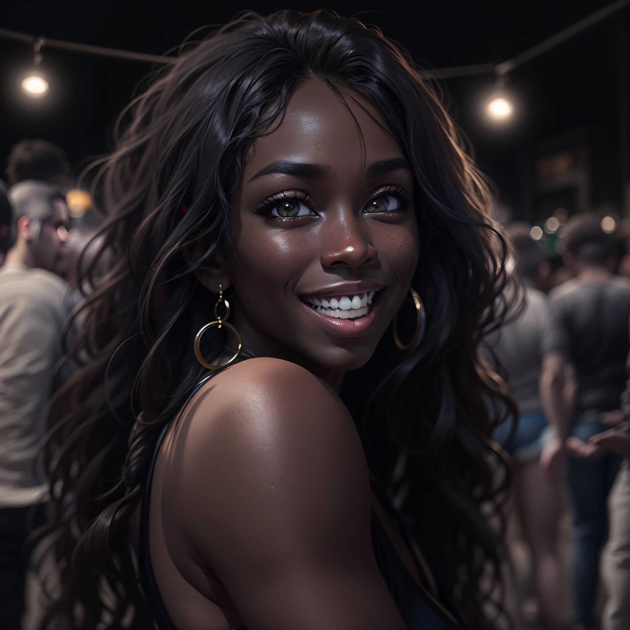 masterwork, best quality, beautiful, extremely sexy, a dark-skinned black woman wearing an open t-shirt with very short denim shorts at a street party at night, ((long hair):1.3), light eyes, belly, smile, teeth, ultra insane hires, extreme intricate details, tooth gap, round butt HDR, natural lighting, volumetric shading, Dynamic Pose, hyperrealistic, realistic lighting, Dramatic Shadows, hard focus, High contrast, dramatic perspective dramatic shadows,