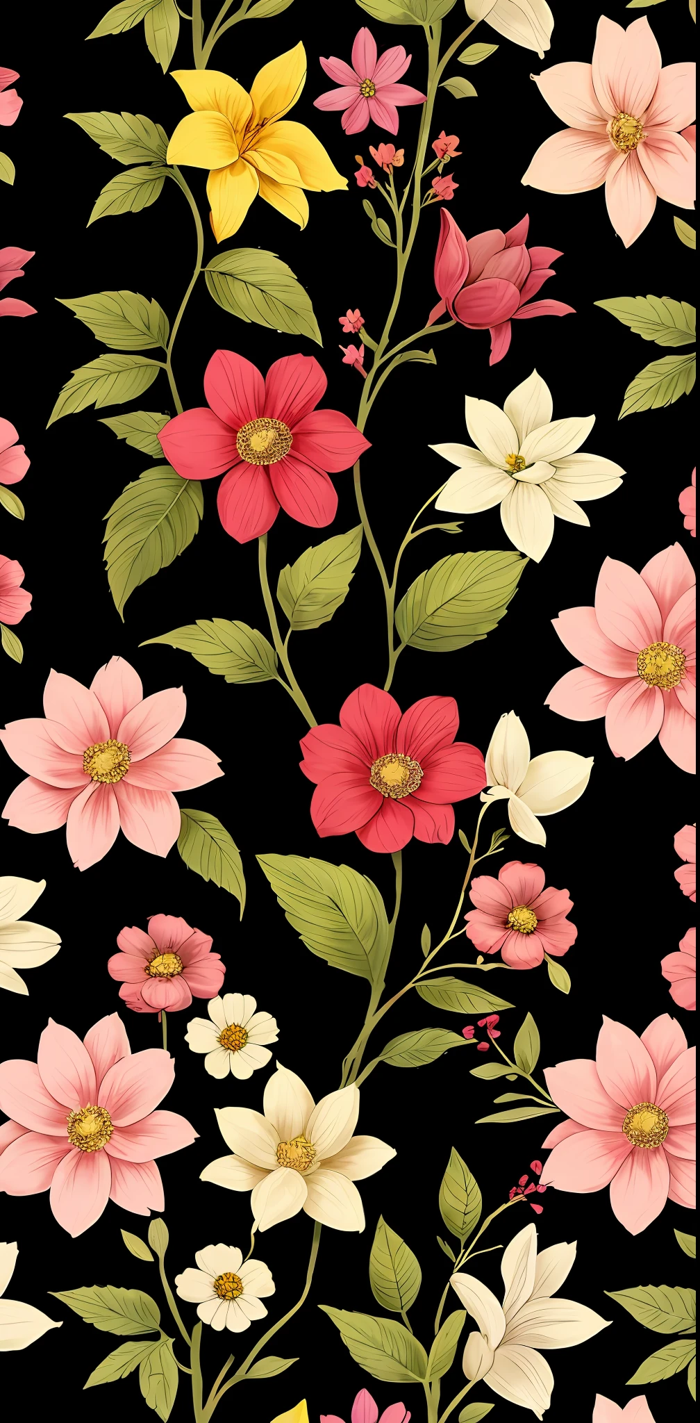 ((Estampa de tecido)). a closeup of a colorful floral pattern on a black background, dark flower pattern wallpaper, papel de parede florido, bela arte digital, flores florais coloridas, papel de parede floral, exuberantes folhas e flores do jardim, flores e folhas de fantasia, arte digital altamente detalhada, 4K HD Illustration Wallpaper, papel de parede bonito do iphone, magical colorful flowers, Arte digital detalhada em 4k, papel de parede hd
