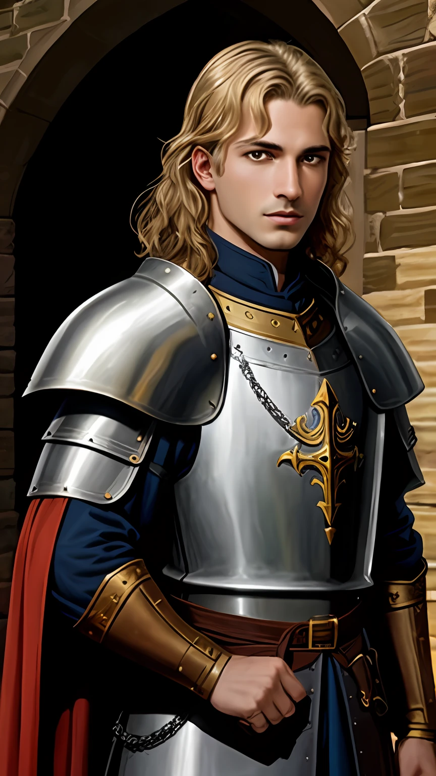 arafed image of a man in a knight costume standing in front of a brick wall, male paladin, a human male paladin, portrait of knight, arsen lupin as a paladin, portrait of a knight, fully clothed in armor, picture of a male cleric, paul atreides, casimir art, portrait knight female