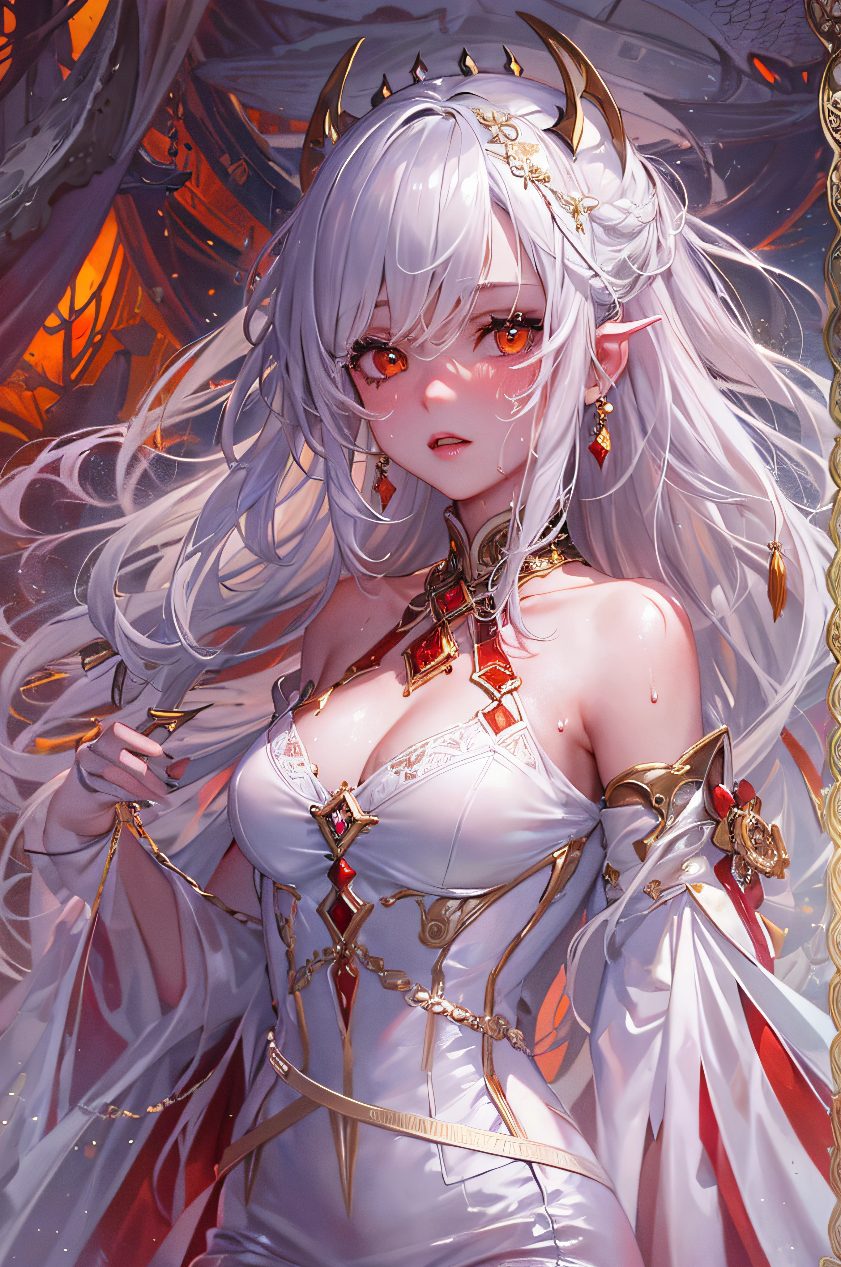 (masterpiece, top quality, best quality, official art, beautiful and aesthetic:1.2), (1girl:1.3), (fractal art:1.3),absurd, masterpiece, best quality, realistic, hyper-detailed, (shiny skin, sweaty:1.4), looking at viewer, slender, 1girl, solo, white sneakers, white miniskirt, straight long hair, princess cut, white hair, red eyes, (thick thighs:0.5), dynamic lighting, high resolution, sharp focus, depth of field, small breasts, vampire, masterpiece, best quality, ultra-detailed, illustration, ultra-detailed face, best quality face, evil, 18 years old, adult, 1girl, 18 years old, white hair, alchemy outfit, intricate detailed outfit, sexy pose, glowing red dress, cute, kawaii, digital art, finely detailed eyes, blushing, red cheeks