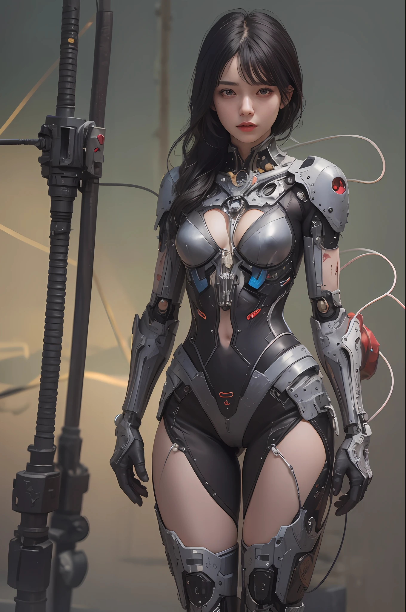 Top Quality, Masterpiece, Ultra High Resolution, (Photorealistic: 1.4), Raw Photo, 1 cyberpunk Girl, Black Hair, Glossy Skin, 1 Mechanical Girl, (Ultra Realistic Detail)), ((Full body)), Global Illumination, Contrast, Shadows, Octane Rendering, 8K, Ultra Sharp, Cleavage Exposed, Raw Skin, Metal, Intricate Ornament Details, Japan Details, Very intricate details, realistic light, CGSoation trend, facing the camera, neon details, mechanical limbs, blood vessels connected to the tube, mechanical vertebrae attached to the back, mechanical cervical attachment to the neck, wires and cables connecting to the head, gundam, small LED lamps.