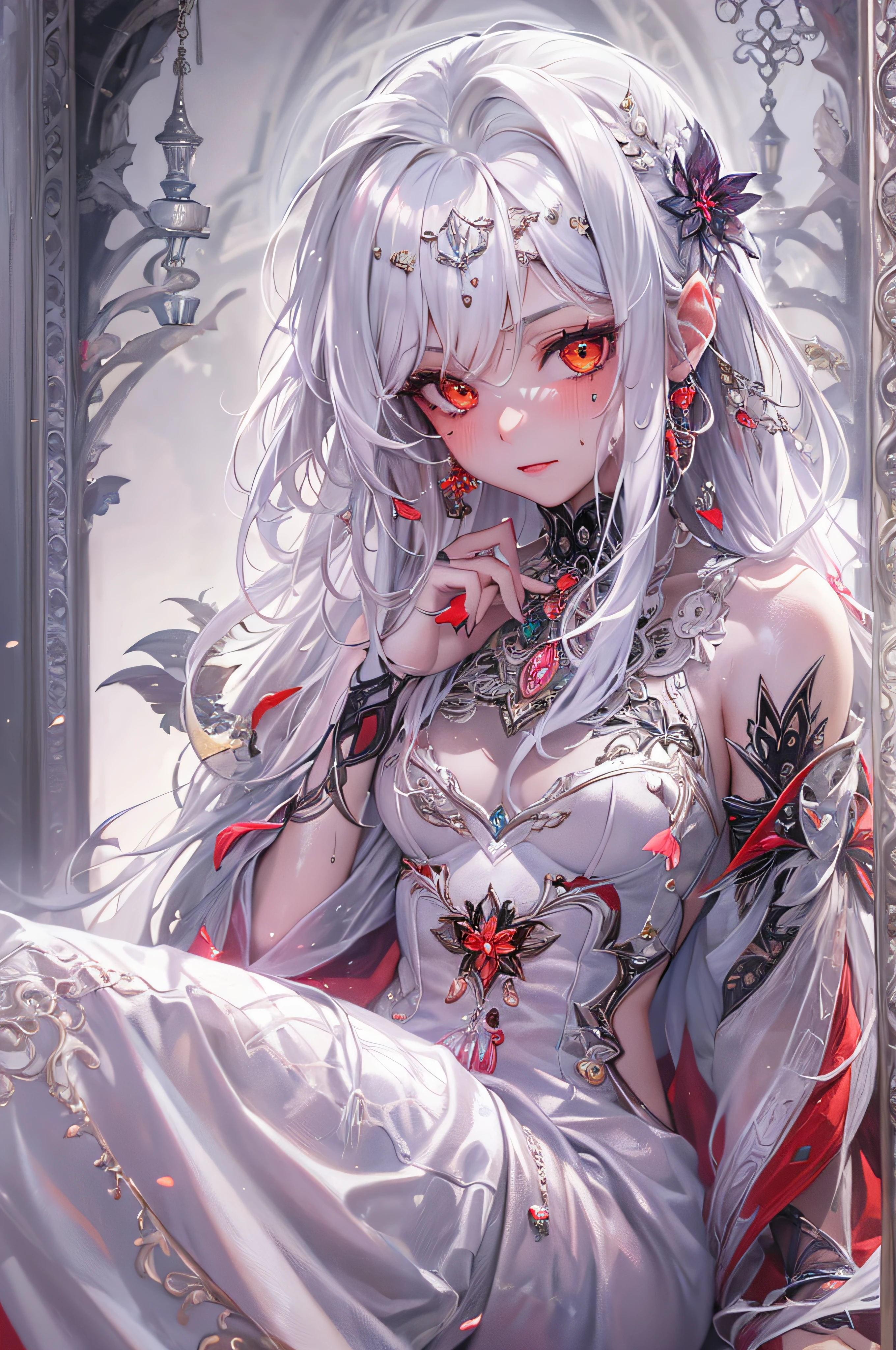 (masterpiece, top quality, best quality, official art, beautiful and aesthetic:1.2), (1girl:1.3), (fractal art:1.3),absurd, masterpiece, best quality, realistic, hyper-detailed, (shiny skin, sweaty:1.4), looking at viewer, slender, 1girl, solo, white sneakers, white miniskirt, straight long hair, princess cut, white hair, red eyes, (thick thighs:0.5), dynamic lighting, high resolution, sharp focus, depth of field, small breasts, vampire, masterpiece, best quality, ultra-detailed, illustration, ultra-detailed face, best quality face, evil, 18 years old, adult, 1girl, 18 years old, white hair, alchemy outfit, intricate detailed outfit, sexy pose, glowing red dress, cute, kawaii, digital art, finely detailed eyes, blushing, red cheeks