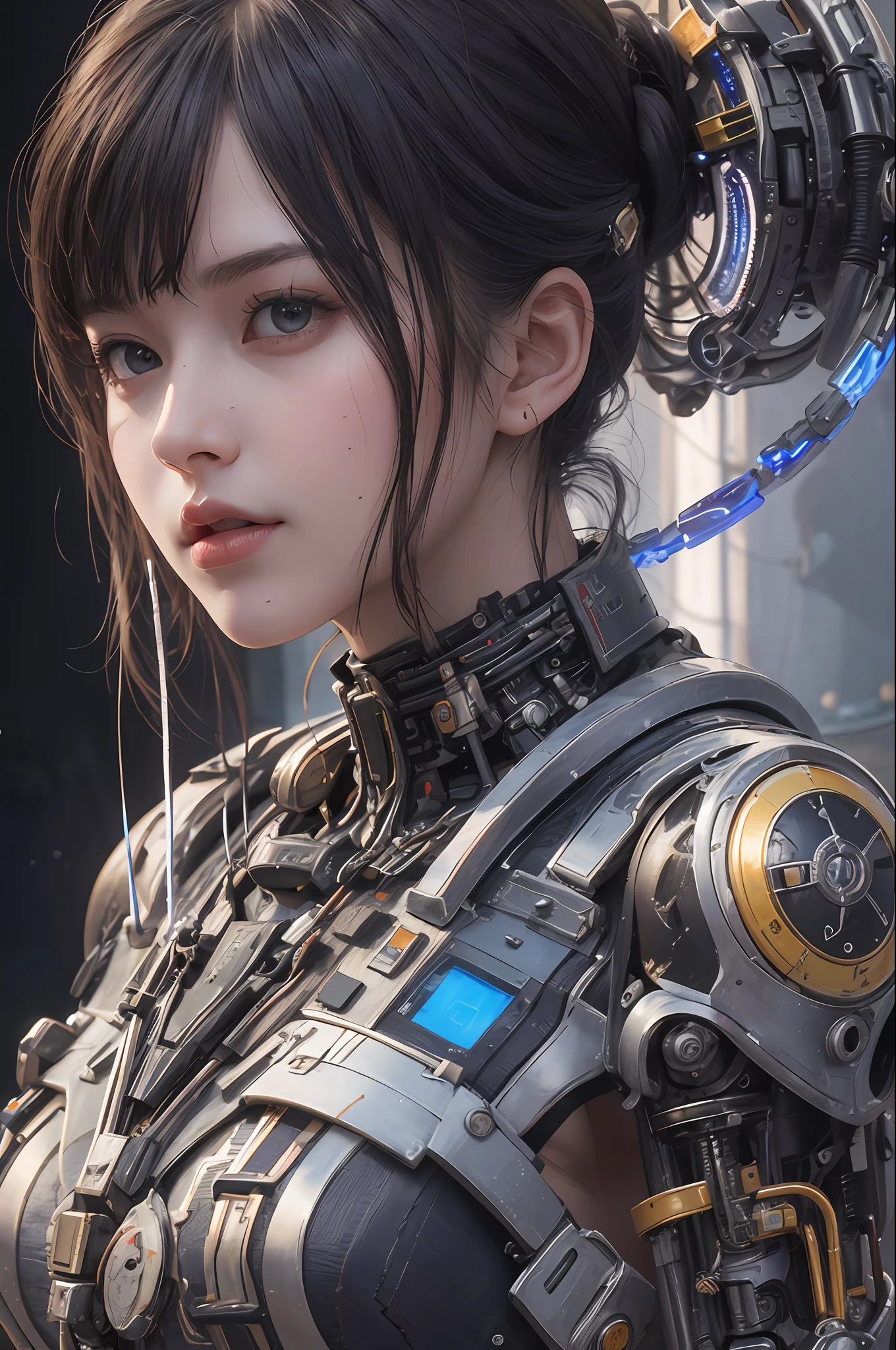 Top Quality, Masterpiece, Ultra High Resolution, (Photorealistic: 1.4), Raw Photo, 1 cyberpunk Girl, Black Hair, Glossy Skin, 1 Mechanical Girl, (Ultra Realistic Detail)), ((Full body)), Global Illumination, Contrast, Shadows, Octane Rendering, 8K, Ultra Sharp, Cleavage Exposed, Raw Skin, Metal, Intricate Ornament Details, Japan Details, Very intricate details, realistic light, CGSoation trend, facing the camera, neon details, mechanical limbs, blood vessels connected to the tube, mechanical vertebrae attached to the back, mechanical cervical attachment to the neck, wires and cables connecting to the head, gundam, small LED lamps.