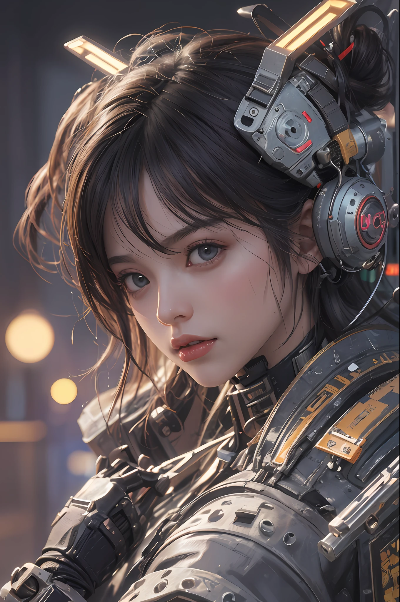 Top Quality, Masterpiece, Ultra High Resolution, (Photorealistic: 1.4), Raw Photo, 1 cyberpunk Girl, Black Hair, Glossy Skin, 1 Mechanical Girl, (Ultra Realistic Detail)), ((Full body)), Global Illumination, Contrast, Shadows, Octane Rendering, 8K, Ultra Sharp, Cleavage Exposed, Raw Skin, Metal, Intricate Ornament Details, Japan Details, Very intricate details, realistic light, CGSoation trend, facing the camera, neon details, mechanical limbs, blood vessels connected to the tube, mechanical vertebrae attached to the back, mechanical cervical attachment to the neck, wires and cables connecting to the head, gundam, small LED lamps.