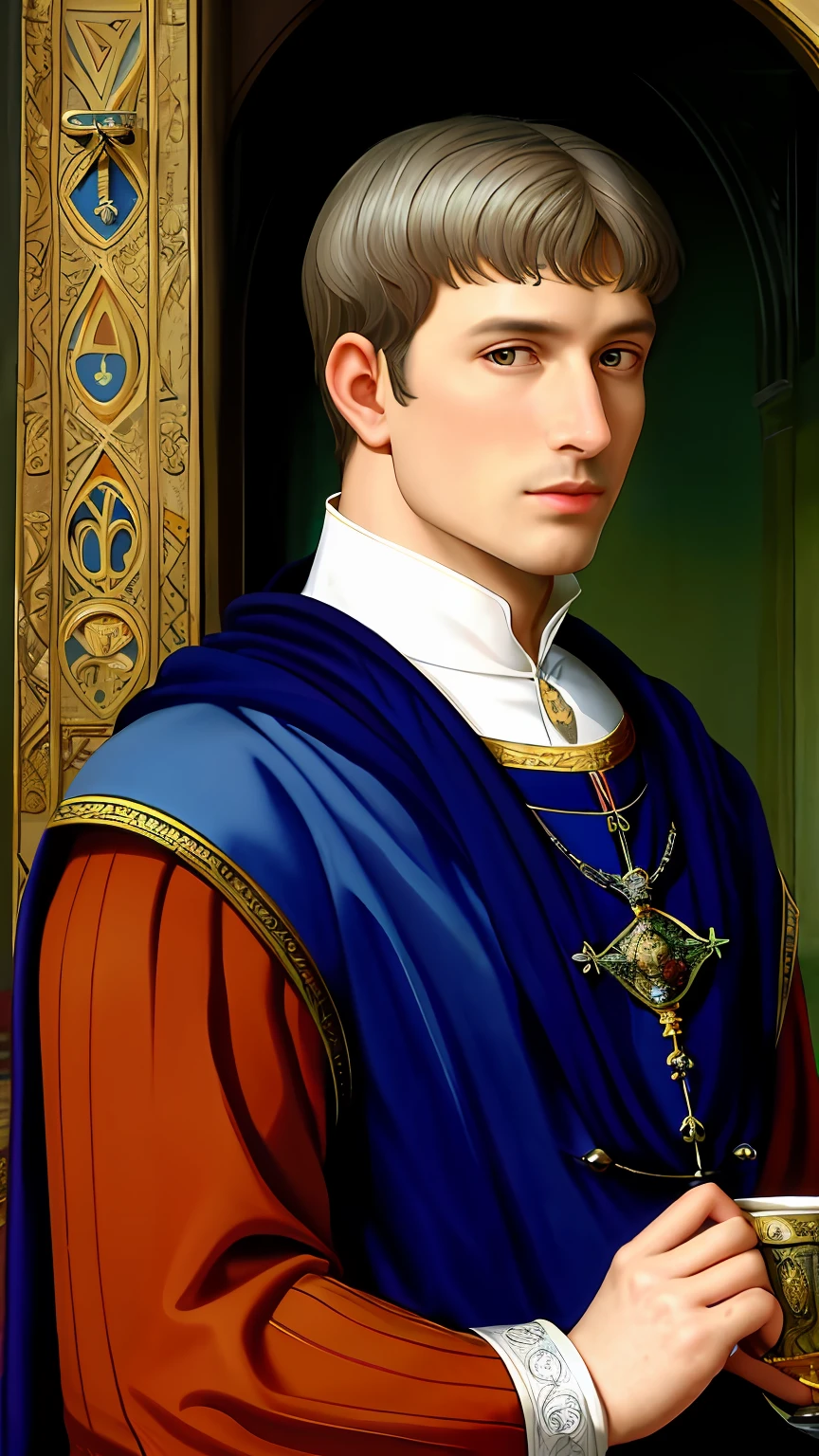 a close up of a painting of a man in a blue robe holding a cup, renaissance prince, inspired by Romano Vio, portrait gracious saint, inspired by Johann Friedrich Overbeck, medieval portrait, portrait of merlin, renaissance digital painting, portrait of a medieval nobleman, portrait of saint of the pit, realistic renaissance portrait, picture of a male cleric
