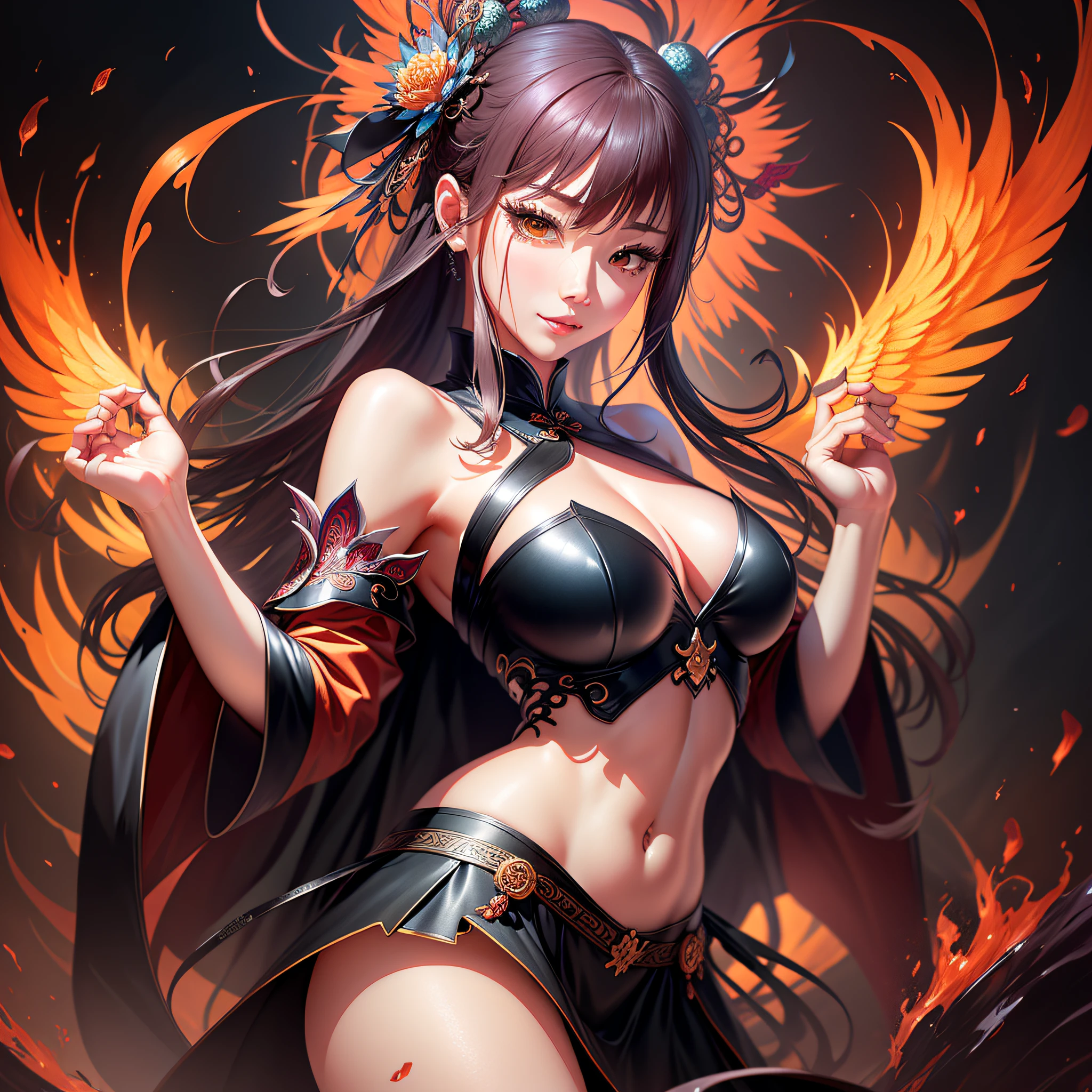 Official Art, 统一 8k 壁纸, ultra-detailliert, Beautifully Aesthetic, masterpiece, top-quality, (Zentangle, Tangles, entanglement), (Fractal art: 1.4), 1girl, A dark-haired, bare shoulders, a short skirt, Calf, a navel, ighly detailed, dynamic ungle, cowboy shot, (The most beautiful forms of chaos), A flowing, (bright colour), OC, (half: 1.2), Chinese big breasts, (Tanka Flying Sky: 1.5), (bow ribbon: 1.3), (Dreams: 1.5), (Han Feng: 1.5), Chinese Dragon, Chinese phoenix、(a smile:0.5)、(chinese deity)、3dcg,Black background,Big ass,