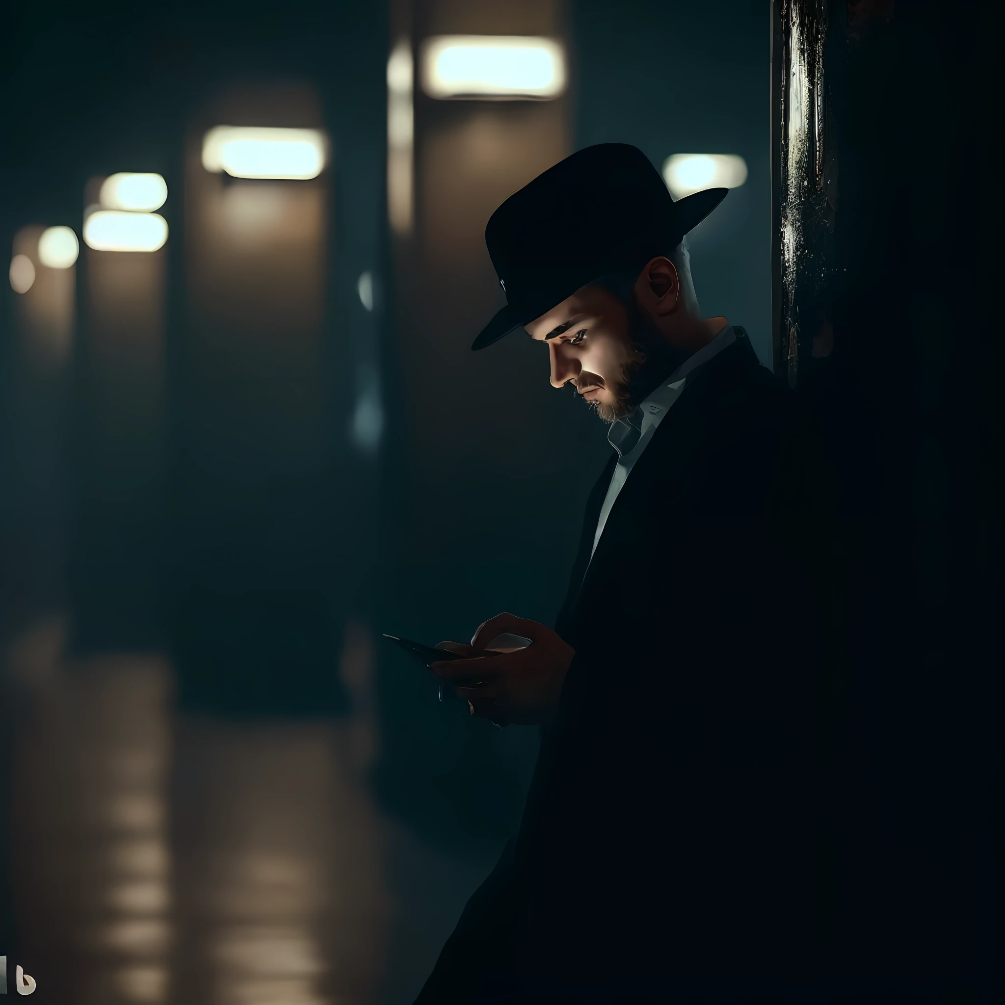 There's a man in a hat and suit looking at his phone, Detetive Noir e um Fedora, film noir lighting, olhando para o telefone dele, cinematic moody lighting, Homem misterioso, Tecnologia batida. Neo Estilo Preto, Road to Stillframe Doom, cinematic moody lighting, Neo Estilo Preto, Tech Preto, dark moody backlighting, a suited man in a hat