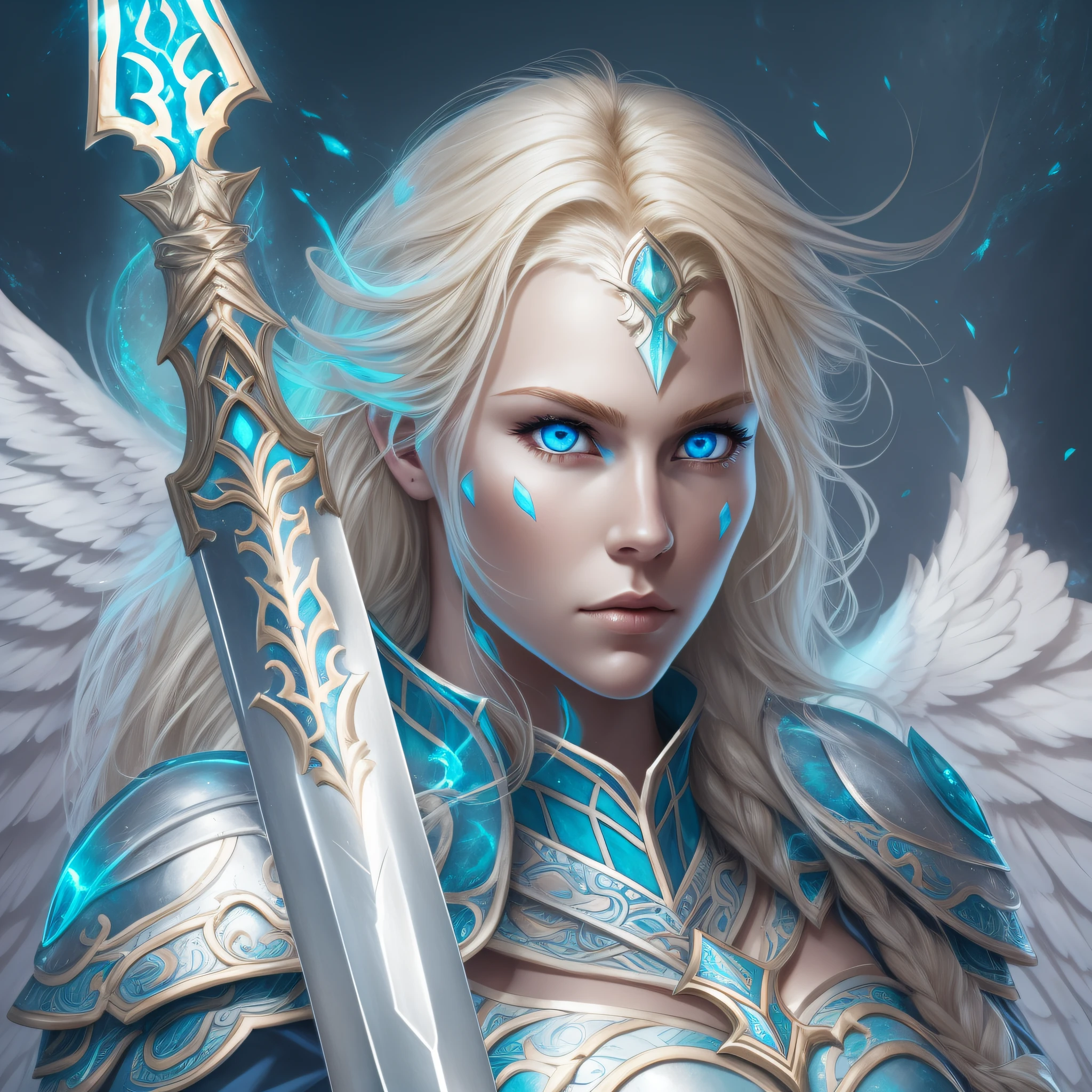 A beautiful blonde nordic goddess, white wings, blue aura, fierce blue eyes, wearing a light nordic armor, holding a sword