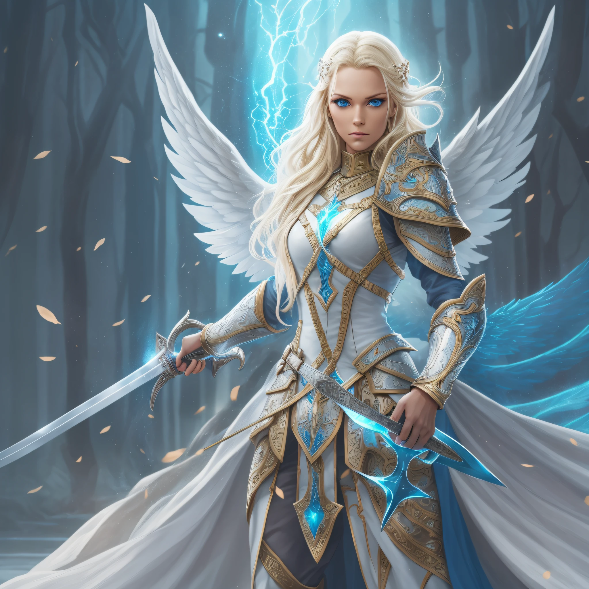A beautiful blonde nordic goddess, white wings, blue aura, fierce blue eyes, wearing a light nordic armor, holding a sword