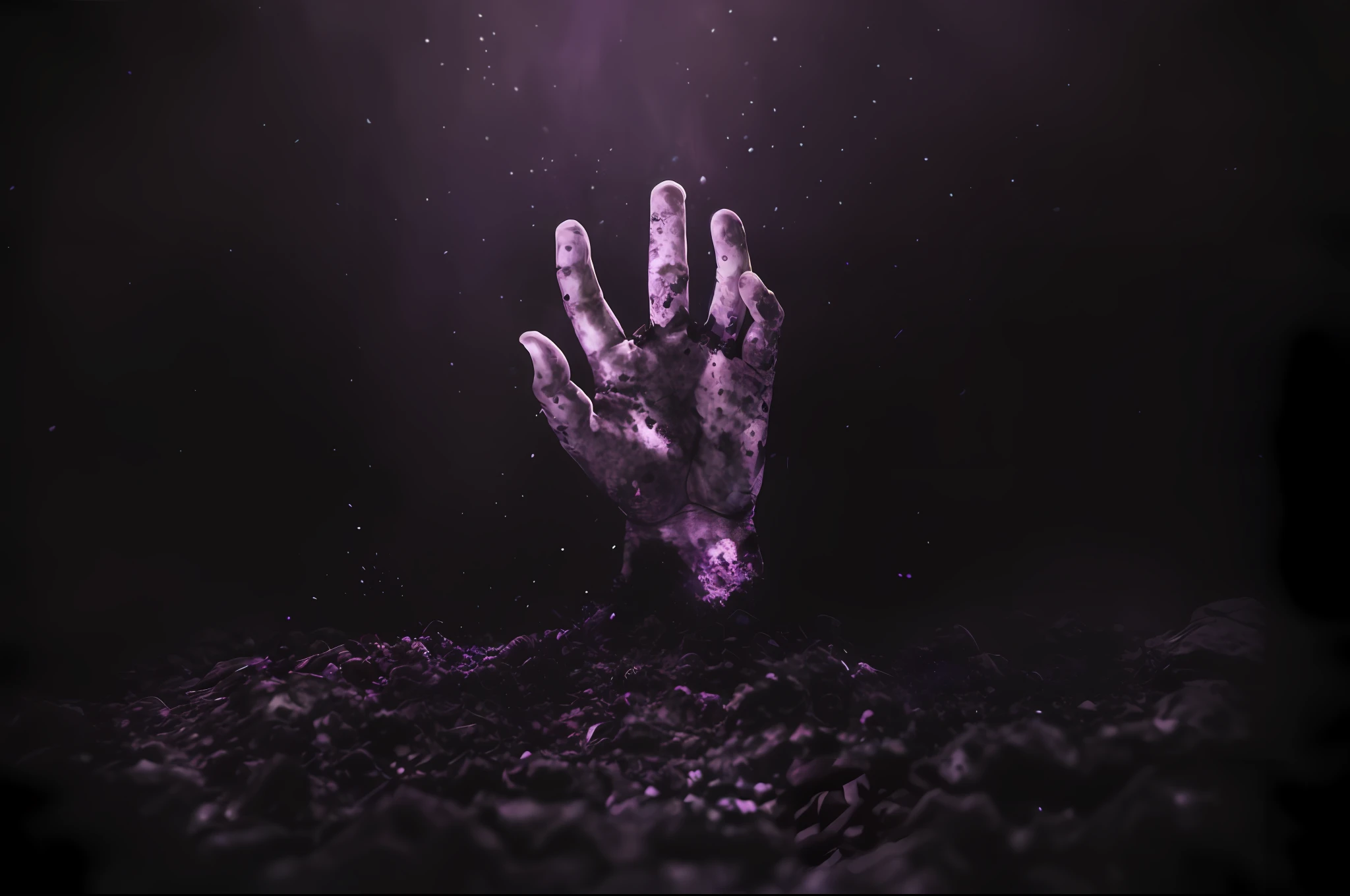 purple photograph of a hand reaching out of a pile of dirt, zombie coming out of a tomb, hand of fear, foto de terror, Armas zumbis na frente, scary magical background, in a underwater horror scene, horror dramatic moment, Foto de SCP-173, horrible background, Imagem promocional, arte digital 4k inquietante, an scp anomalous object