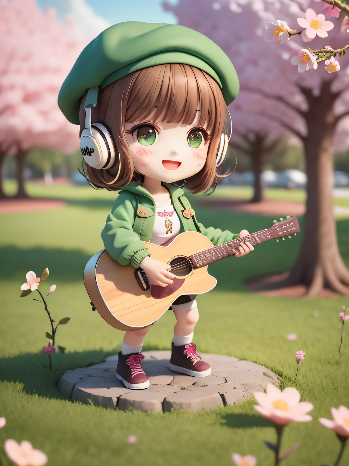 (masterpiece),(best quality),(ultra-detailed), (full body:1.2),
1girl,chibi,cute, smile, open mouth,
flower, outdoors, playing guitar, music, beret, holding guitar, jacket, blush, tree, :3, shirt, short hair, cherry blossoms, green headwear, blurry, brown hair, blush stickers, long sleeves, bangs, headphones, black hair, pink flower,
(beautiful detailed face), (beautiful detailed eyes),