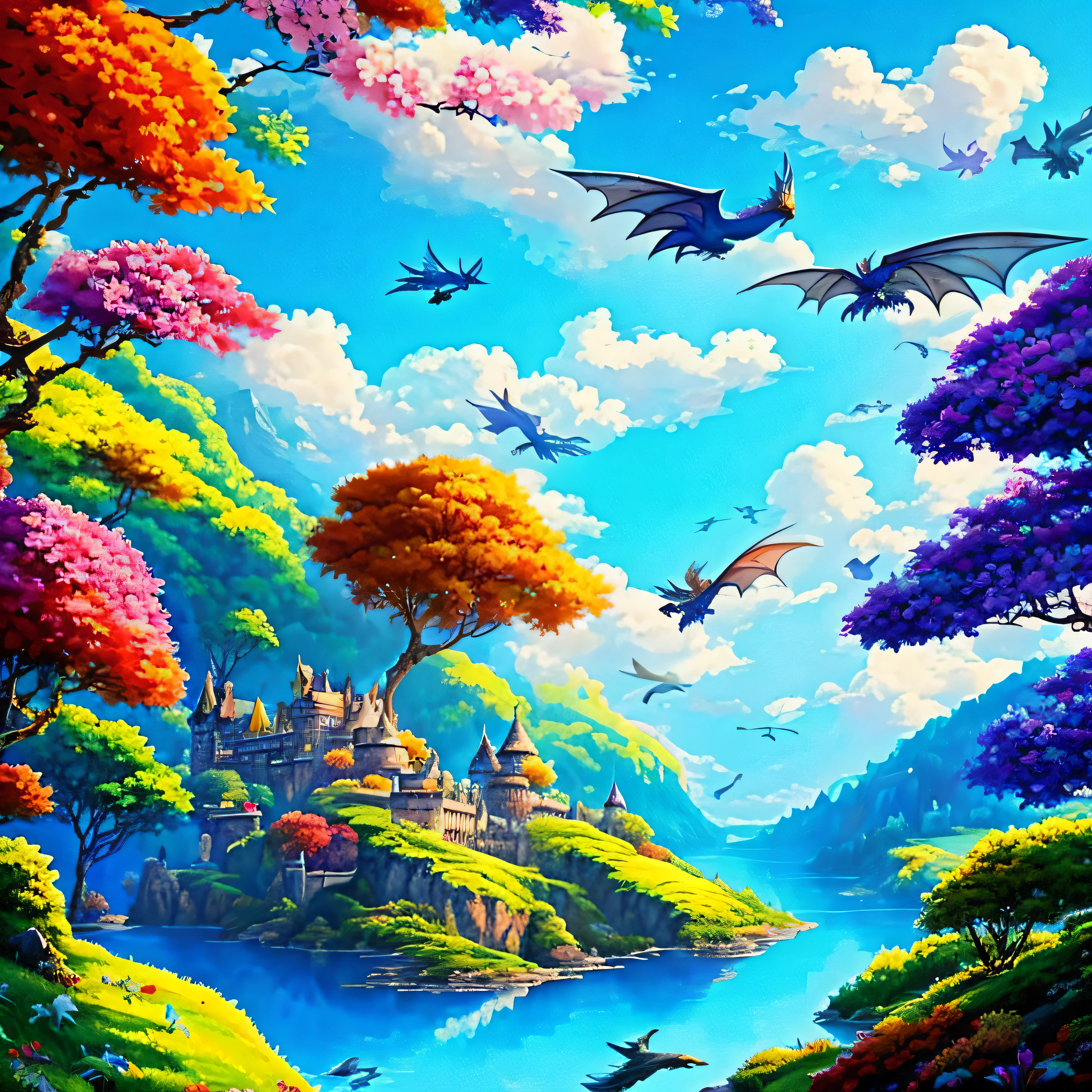 a painting of a castle surrounded by trees and flying birds, highly detailed magical fantasy, 4K fantasia detalhe, Fantasia Pintura HD, whimsical fantasy landscape art, dragons flying in the sky, dragons flying around, arte digital de fantasia detalhada, wizarding world. colorido, fantasia altamente detalhada, made of tree and fantasy valley, paper awesome wallpaper, arte de fantasia detalhada, Arte de fantasia 4k