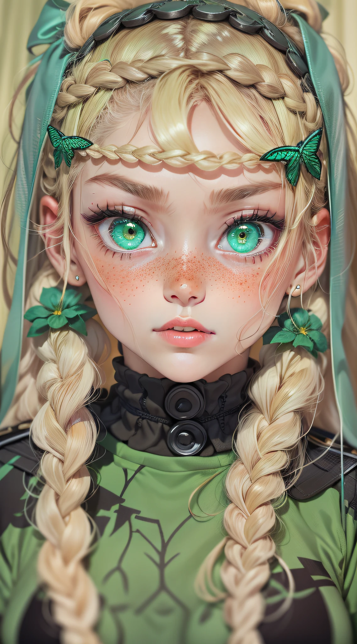 Military, blonde hair blonde woman braids with freckles turquoise green eyes a strangulation and strangler on head tights black fishnet combination, soleil vert, vert