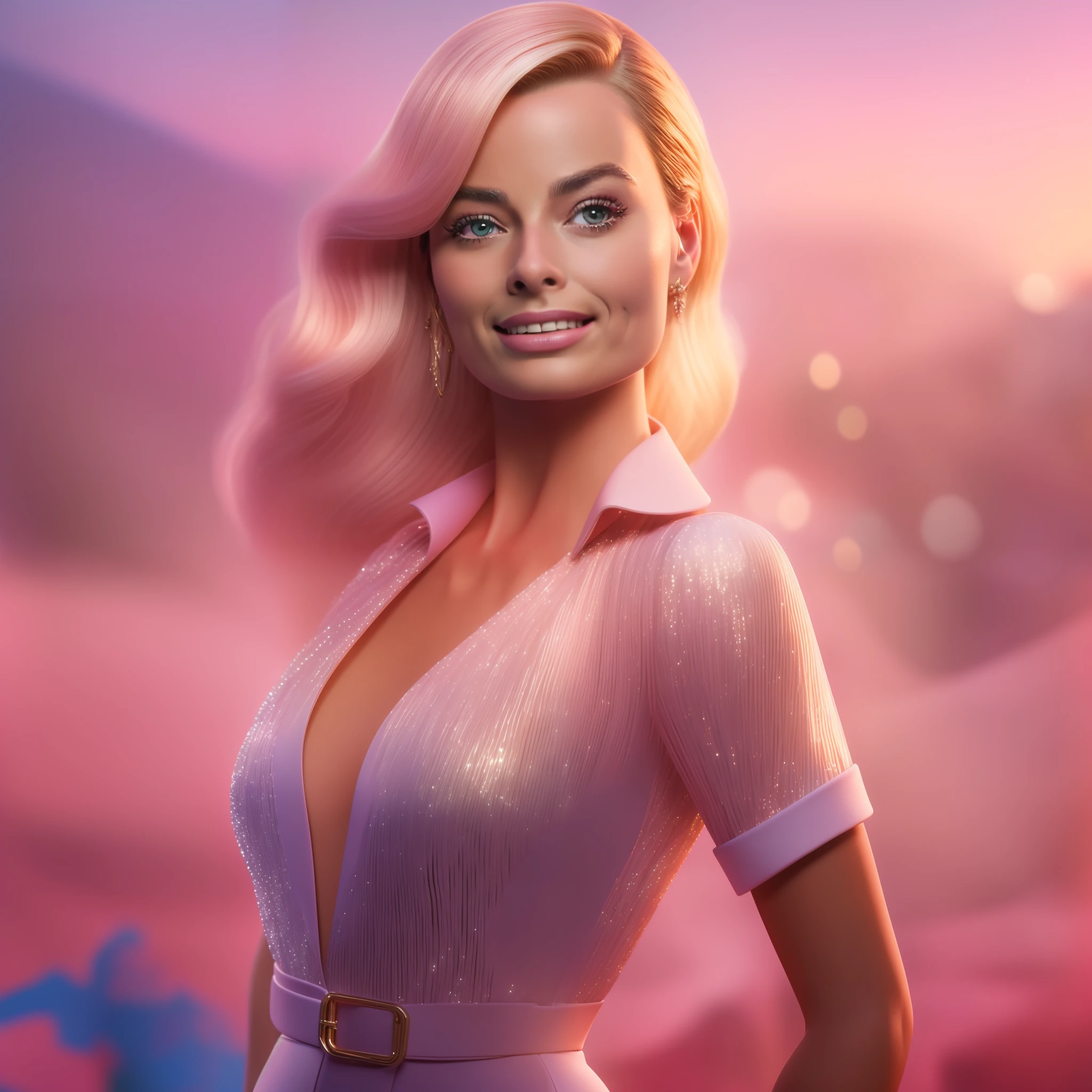 (extremely detailed CG unity 8k wallpaper, masterpiece, best quality, ultra-detailed), (best illumination, best shadow), ((Margot Robbie as Barbie)), beautiful face lines, (dramatic lighting: 1.3), under the spotlight, smiley expression.