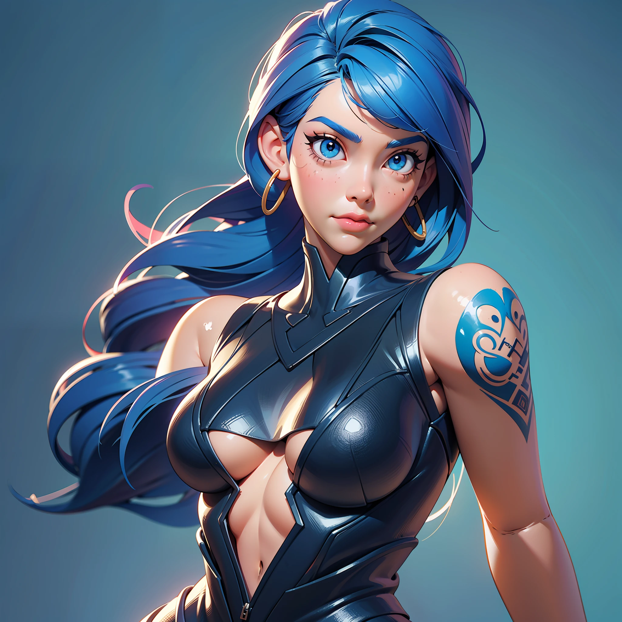 Generate an image of a woman with blue hair, tattoos on her arms (Eddie Mendoza style), Artstation contest winner, digital art, beautiful digital artwork, beautiful realistic upper body, photorealistic anime girl render, girl with tattoos, realistic anime 3d, beautiful detailed body and face, (Lois van Rossdraws style), realistic digital illustration, Ross Tran 8k