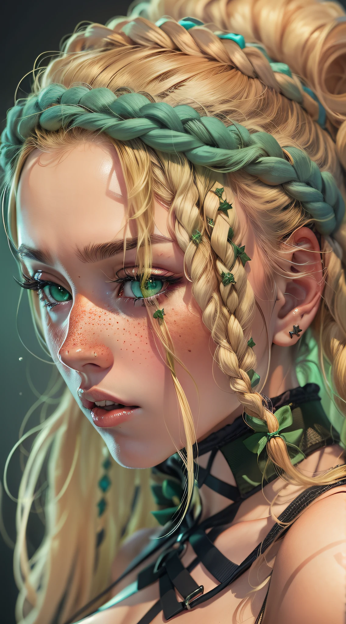 Military, blonde hair blonde woman braids with freckles turquoise green eyes a strangulation and strangler on head tights black fishnet combination, soleil vert, vert