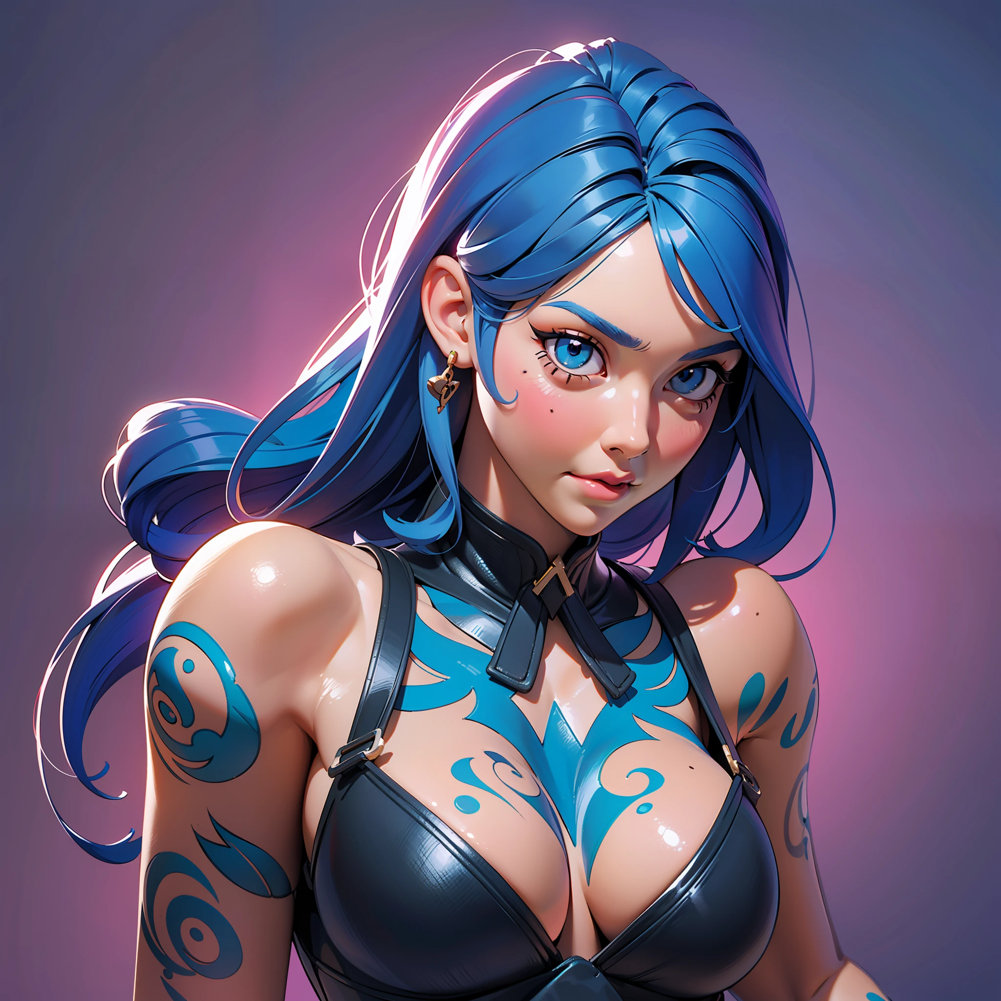 Generate an image of a woman with blue hair, tattoos on her arms (Eddie Mendoza style), Artstation contest winner, digital art, beautiful digital artwork, beautiful realistic upper body, photorealistic anime girl render, girl with tattoos, realistic anime 3d, beautiful detailed body and face, (Lois van Rossdraws style), realistic digital illustration, Ross Tran 8k