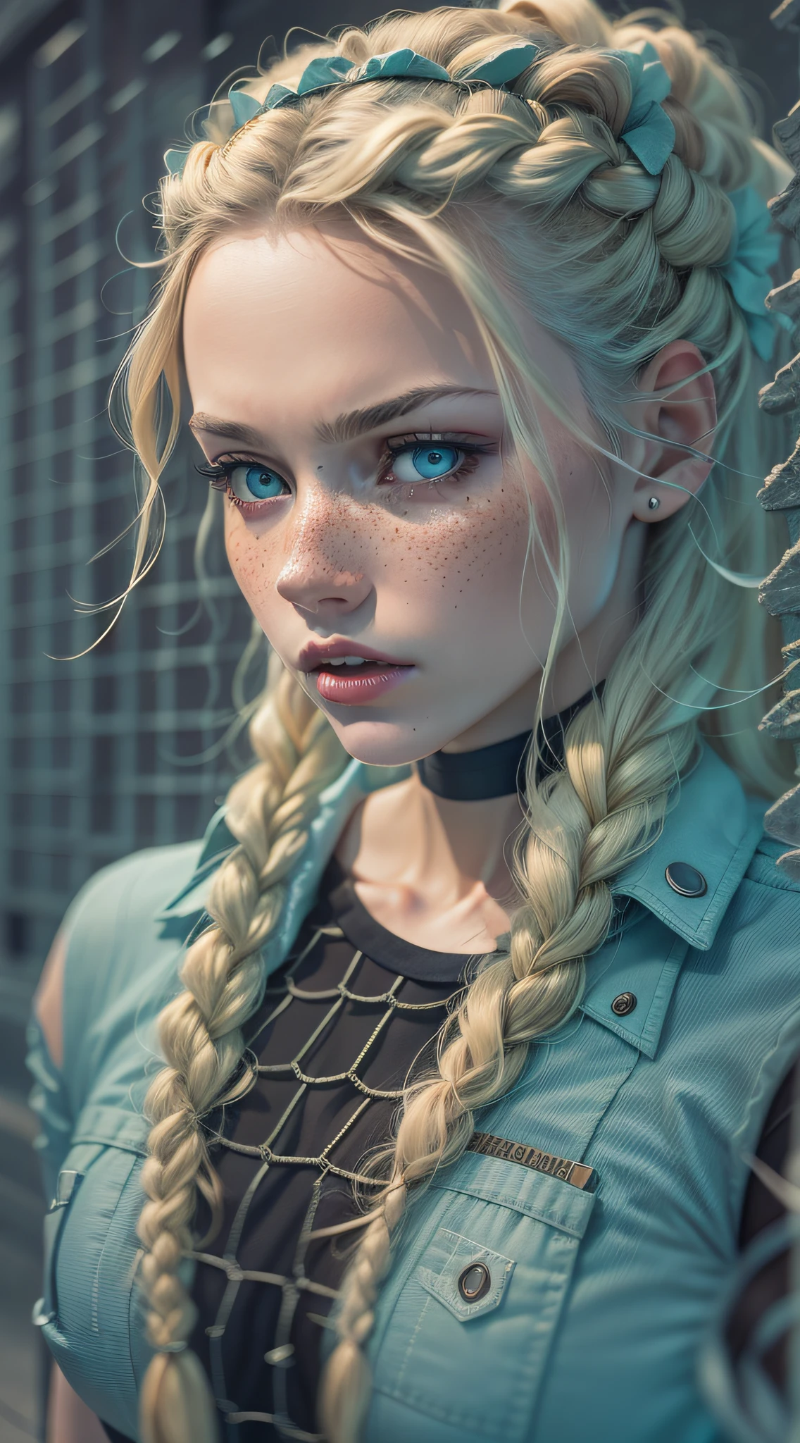 Military, blonde hair blonde woman braids with freckles turquoise blue eyes a strangulation and strangler on head tights black fishnet combination, soleil bleu, bleu