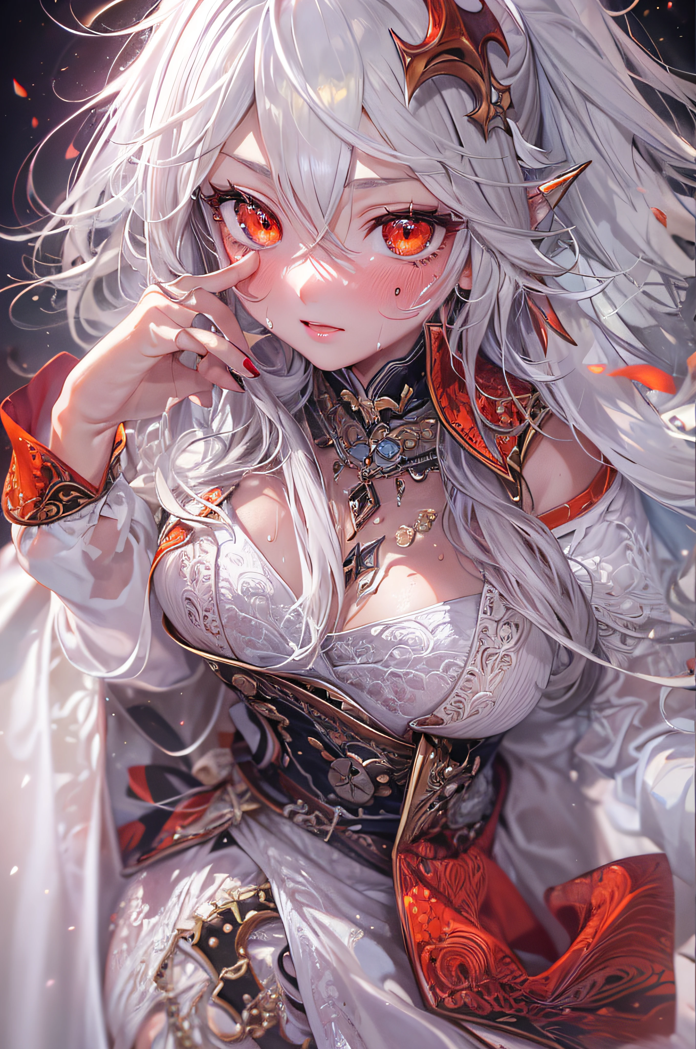 (masterpiece, top quality, best quality, official art, beautiful and aesthetic:1.2), (1girl:1.3), (fractal art:1.3),absurd, masterpiece, best quality, realistic, hyper-detailed, (shiny skin, sweaty:1.4), looking at viewer, slender, 1girl, solo, white sneakers, white miniskirt, straight long hair, princess cut, white hair, red eyes, (thick thighs:0.5), dynamic lighting, high resolution, sharp focus, depth of field, small breasts, vampire, masterpiece, best quality, ultra-detailed, illustration, ultra-detailed face, best quality face, evil, 18 years old, adult, 1girl, 18 years old, white hair, alchemy outfit, intricate detailed outfit, sexy pose, glowing red dress, cute, kawaii, digital art, finely detailed eyes, blushing, red cheeks