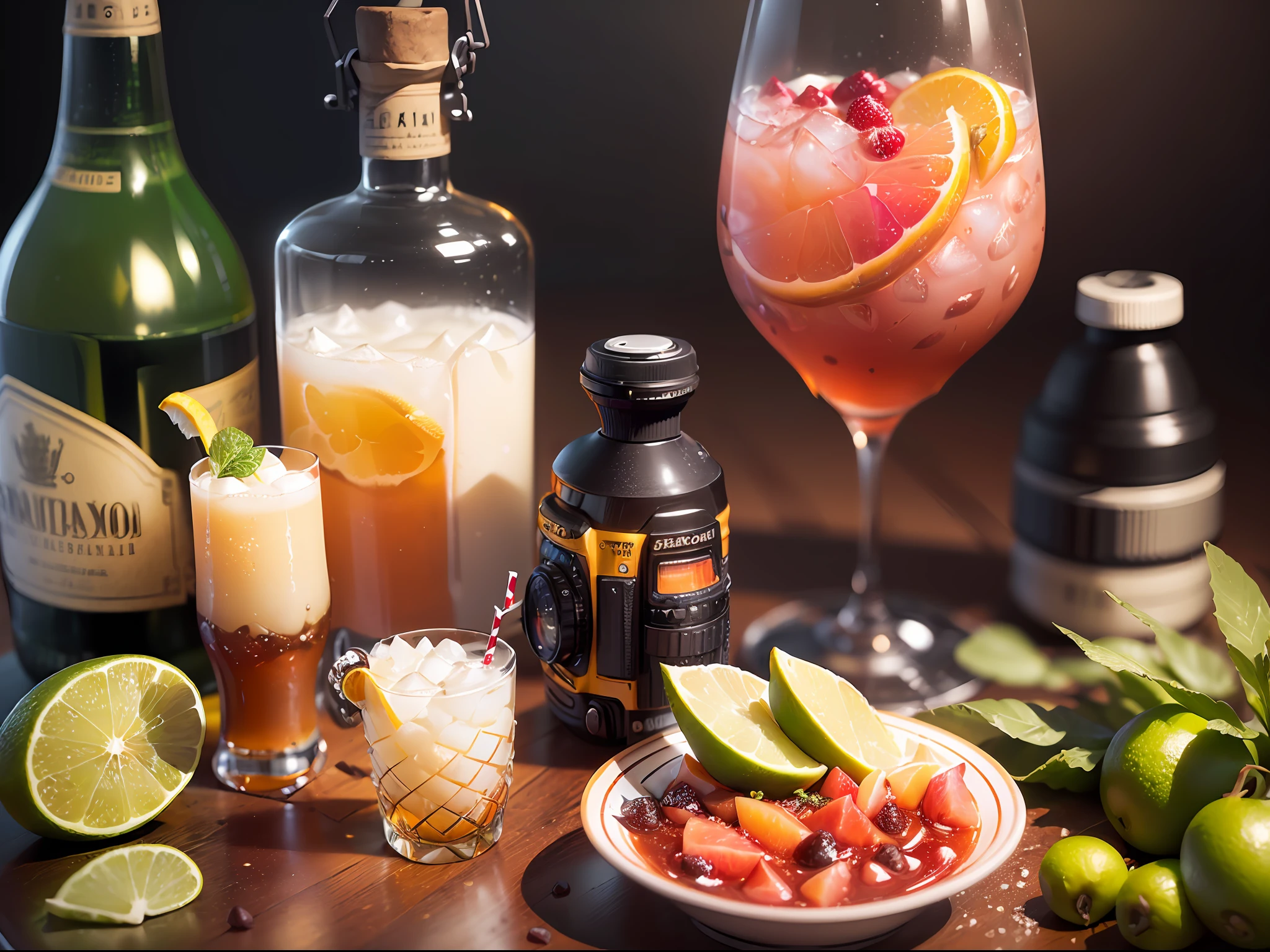 (((obra maestra, Professional DSLR accurate photography of amazing exotic smoked cocktail in a luxury bar))), Lots of liquor bottles decorating the background, Herramientas de barman, ((Campo de profundidad, Autofocus, Lujo Steampunk, industrial, Ambiente, Low neon lights, Black neon,)) exotic fruits, Syropes, Todas las cosas que un barman necesita para trabajar , (((afilado,  food photography, cartera, Tendencia 500px, Foto de archivo, Foto del producto, realista))), Renderizado de octanaje, (((4k, mejor calidad, Foto promocional, Cagalogue Photo, Luces bajas, Luxury classic European bar,)))((mixología,  Kinematic, Accurate professional photography, Marketing Photography))(((( solo la bebida, sin manos))), (((sin personas))), sin humanos)))), ((Bebida ahumada pesada)) --auto