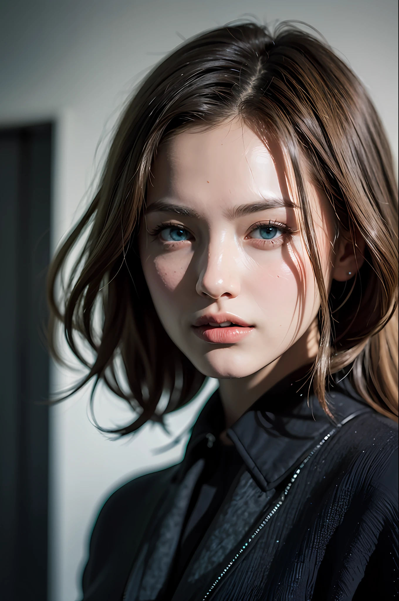 Best quality, masterpiece, ultra high res, (photorealistic:1.4), raw photo, 1girl, blonde hair, blue eyes, detailed eyes and face, black suit, dynamic lighting, in the dark, deep shadow, low key, cowboy shot full-lenght body
