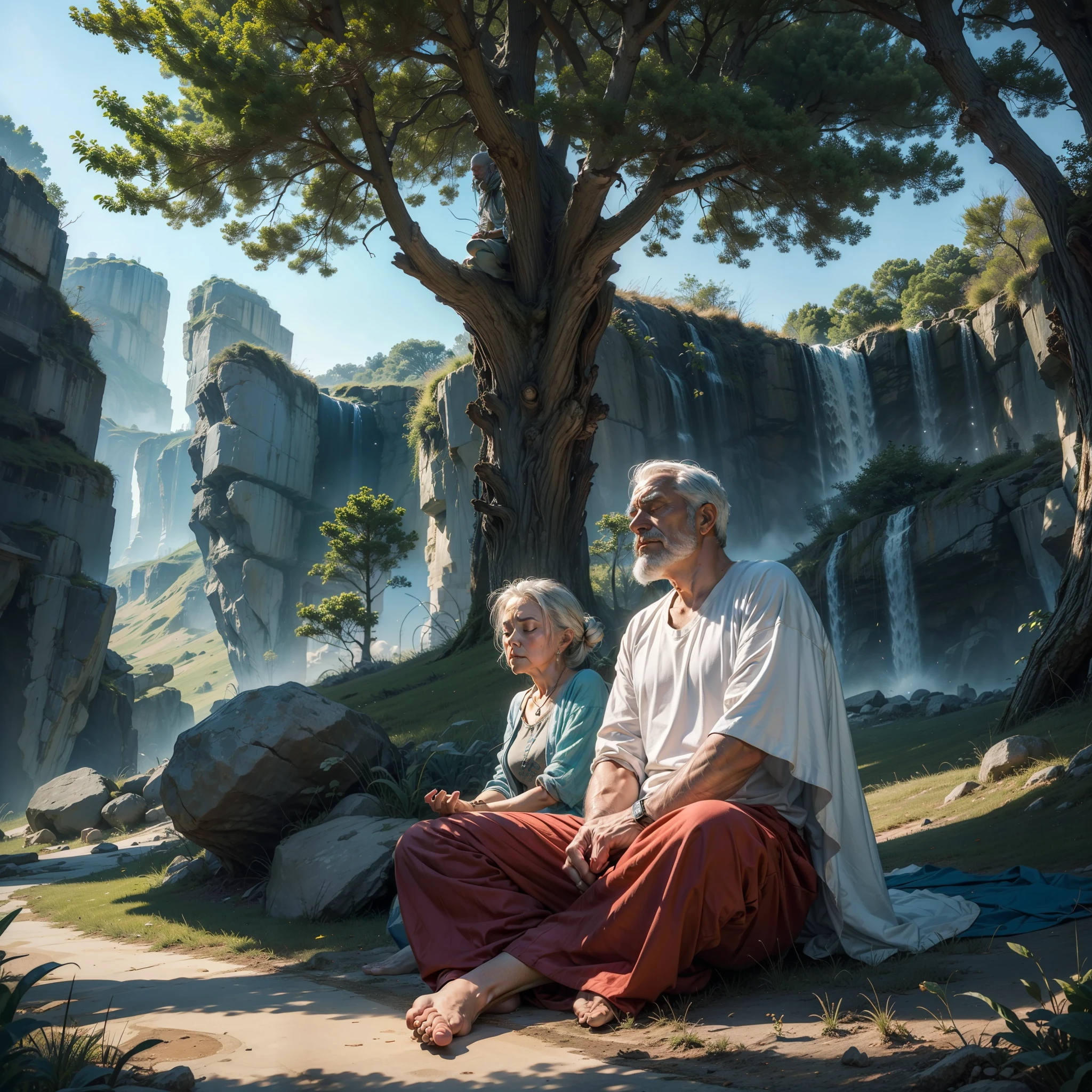 The man finds a wise elder meditating under a majestic tree