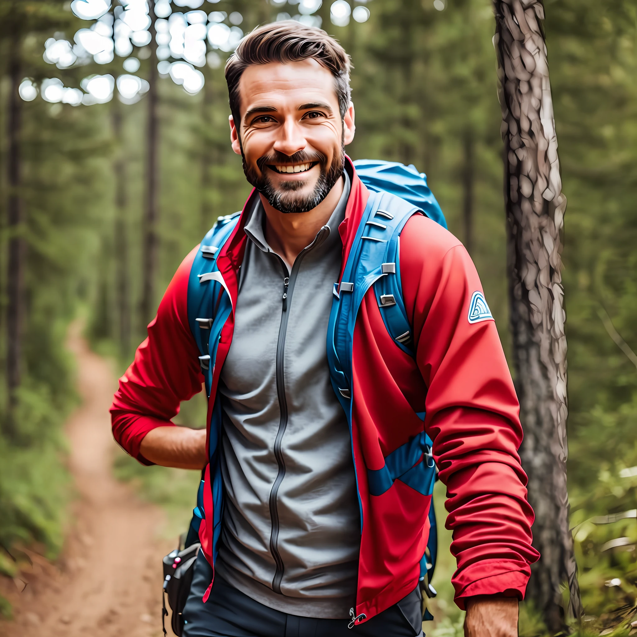 realistic image of a man, hiking expert, very friendly, is smiling, wearing a red blazer, is behind the counter of an hiking trail, high definition, realistic, intricate, detailed image, 8k