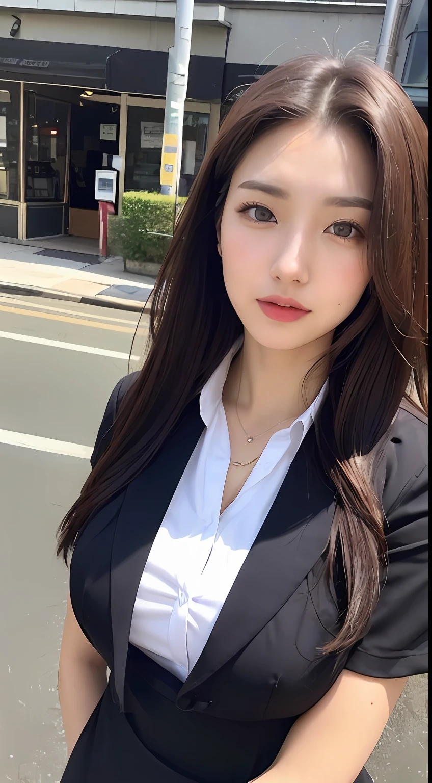 ((top-quality、8K、masterpiece:1.3))、foco nítido:1.2、Beautiful Women in Perfect Style:1.4、Slender Abs:1.2、((dark brown hair、Colossal tits:1.2))、(natural soft light、City Street:1.1)、Highly detailed facial and skin texture、A detailed eye、二重まぶた、The bikini、Office Lady Uniform、Officelady、Beautiful woman at 30 years old、Woman with dark eyes and dark hair、Office Uniforms、Office Worker、Female clerk、OL Uniform、Career Woman、prety woman、