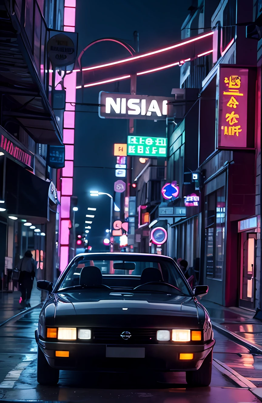 Retro City. Nissan S30 1985, Corpo largo, estrada, roxo neon, piso, montanha, (High floor painting with stunning details)