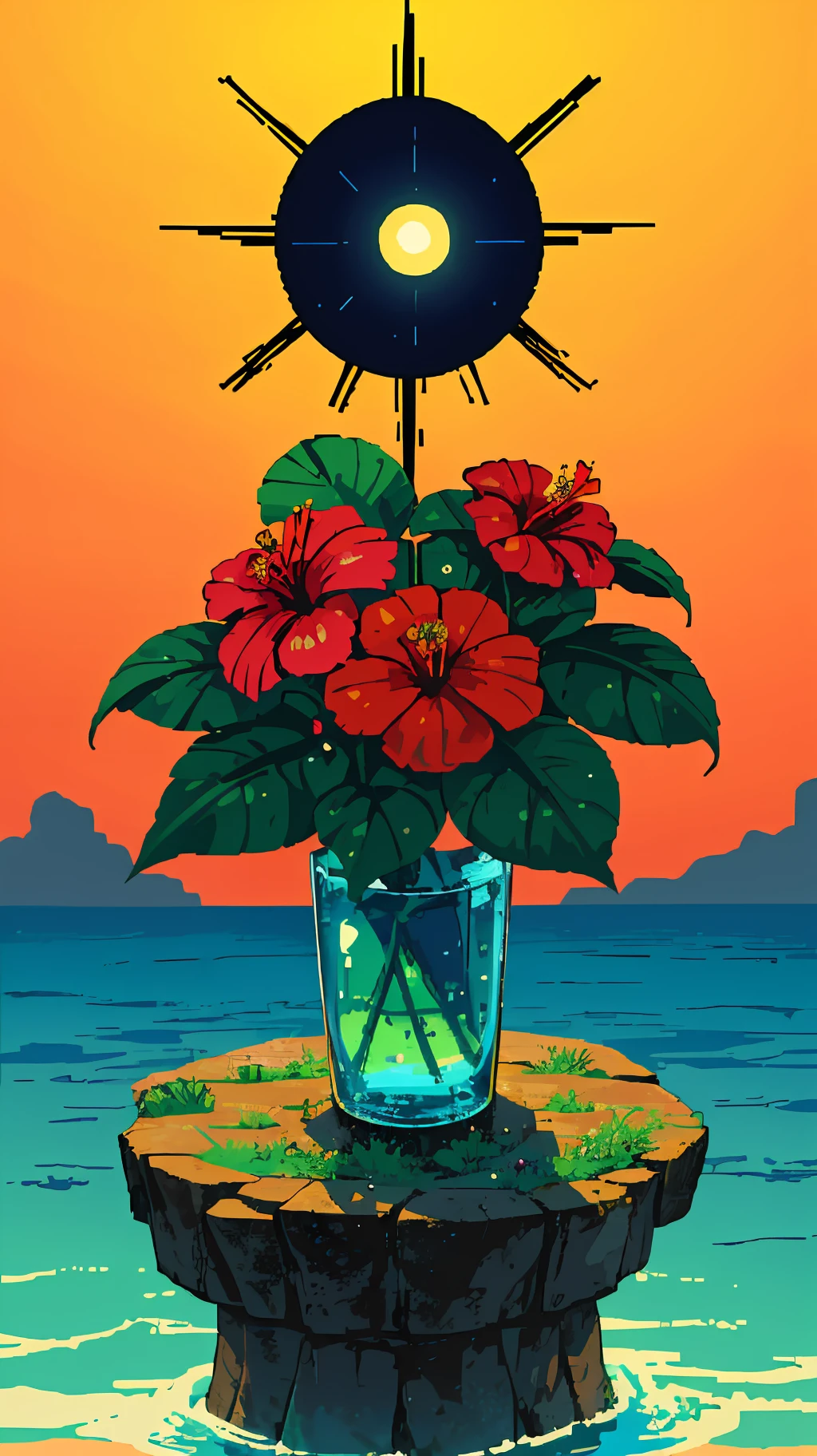 hibiscus Moon with water drops,neon glow, random background, sun rise, bokha mood