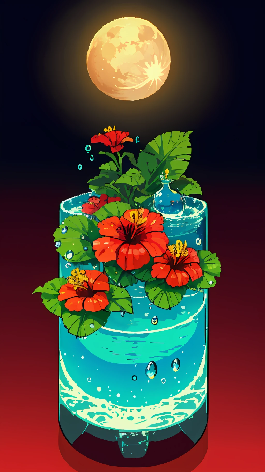 hibiscus Moon with water drops,neon glow, random background, sun rise, bokha mood