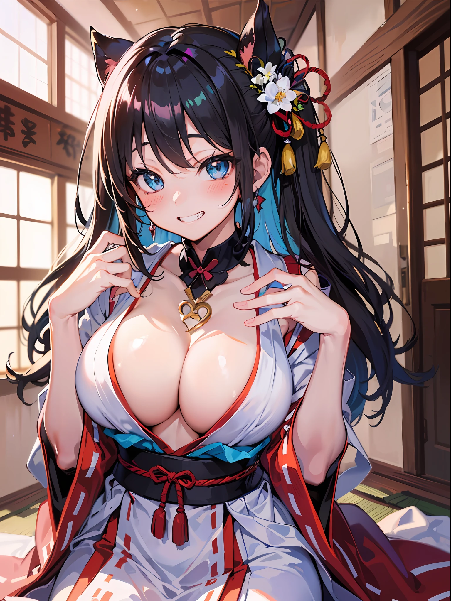 ((masterpiece)), ((Best Quality)), (Ultra-detailed), ((kawaii)), Cute, (lovely), ((Sexy)), (Ero:1.3), ((Extremely detailed)), 4K, (8K), Best Quality, (Beautiful), Illustration, Anime style, Painting, Dynamic Angle, Cowboy Shot, (from wildcard:1.3), Drama-style Japanese-style room, (rub one's chest:1.4), (Poses for erotic photo albums), Gradation, full body focus, Cute  girl s, 1girl in, Solo, Japanese miko costume, black hair, Beautiful random colored eyes, ((Beautiful eyes)), White-skinned, Random hairstyle, Buttocks, (Colossal tits), (smirk), grin, (blush:1.3), sparkling effect, Lens Flare, shiny-glistening, gleaming,
