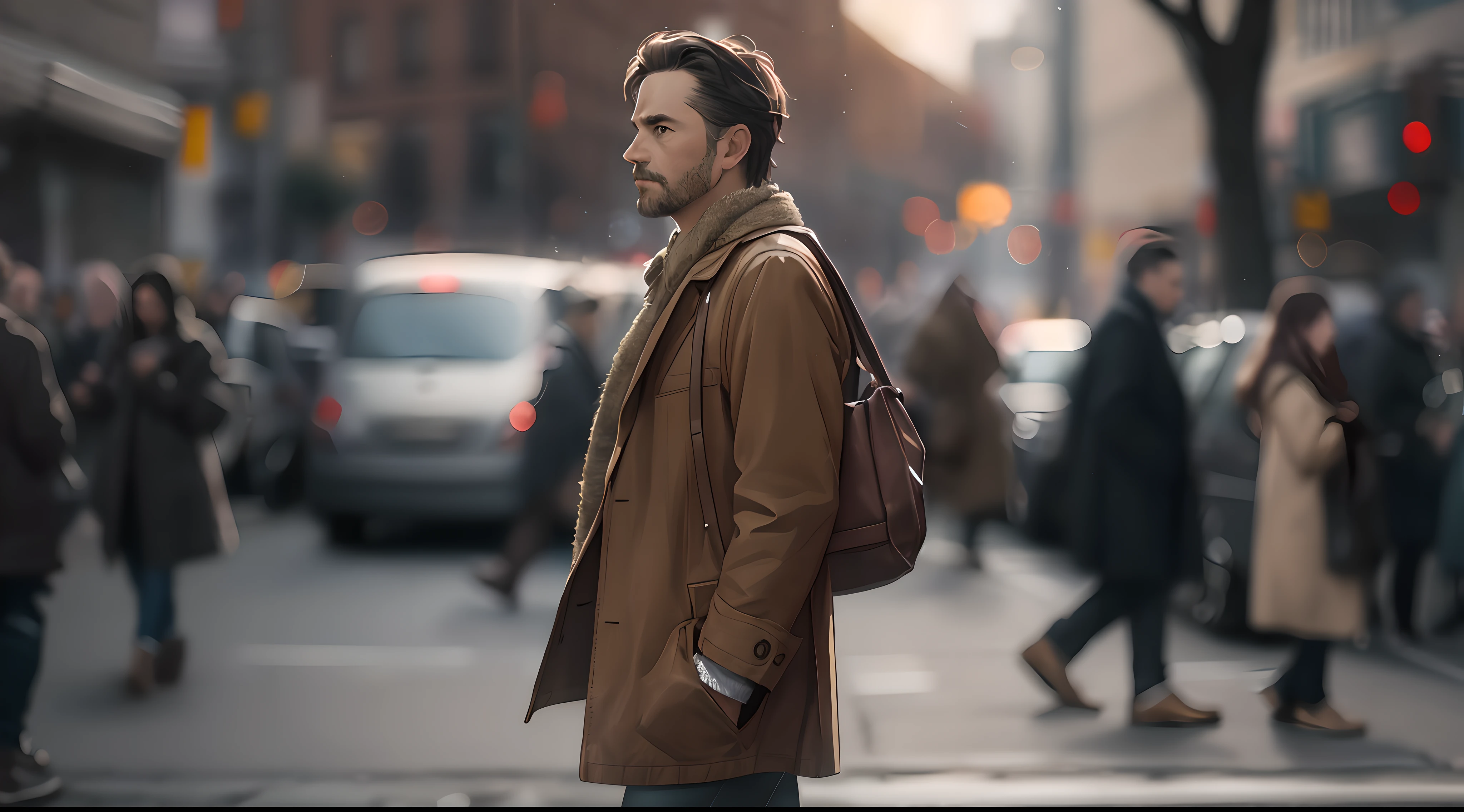 RAW, analog film, photography, zeiss otus 85mm f/1.4, film still, a European man with a brown jacket, walking across the street, realistic skin texture, shot through the crowd across the street, rule of one third, bokeh, thoughtful, suspense, mystery, cinematic lighting, in the style of denis villeneuve, street photography